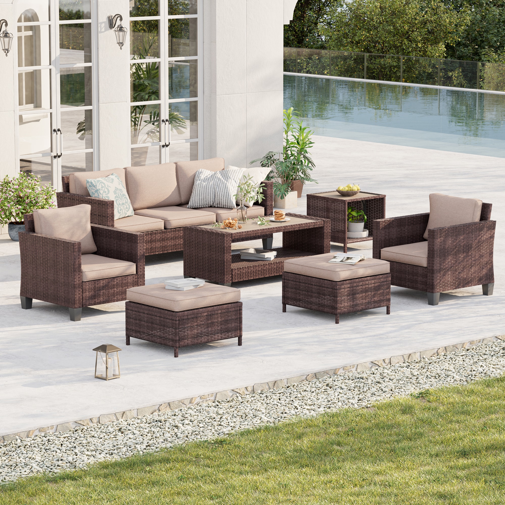 ACEGOSES LW-115BSD-S1T3 7 -Piece Wicker Patio Sofa Conversation Set with Tan Cushions