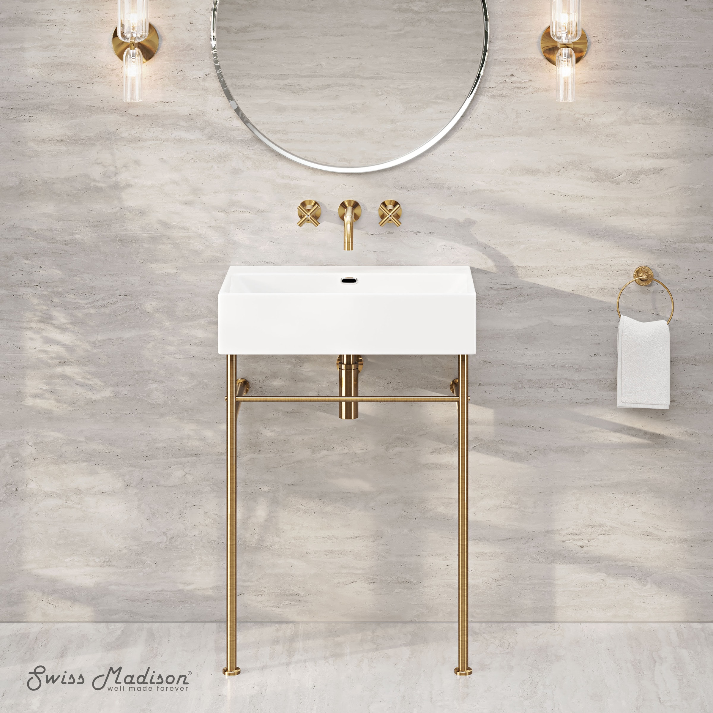 Swiss Madison SM-25-CSREI01BG-0 Reims Ceramic 24-in Wall-mount Modern Brushed Gold Console Sink with Base