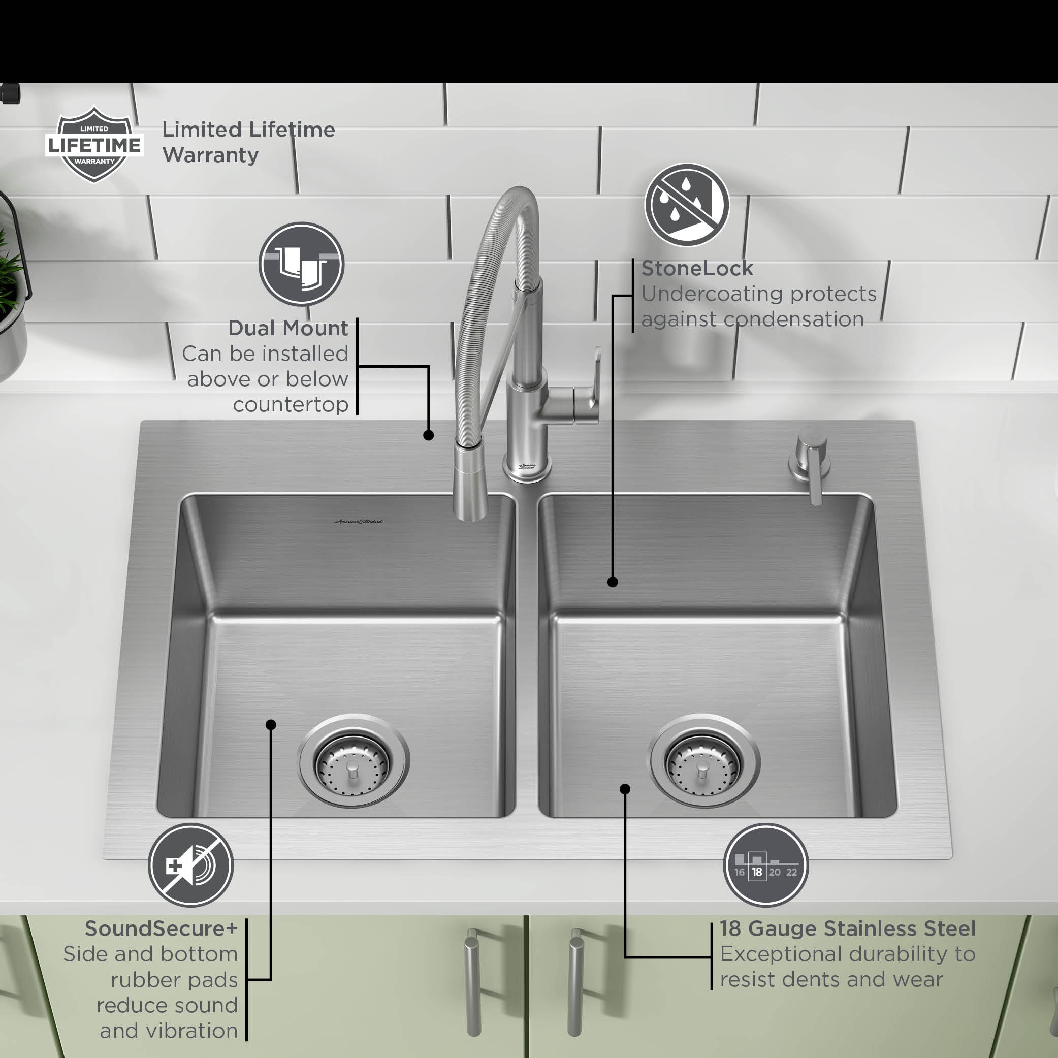 American Standard Sullivan Drop-In 33-in x 22-in Stainless Steel Double  Offset Bowl 2-Hole Kitchen Sink All-in-one Kit in the Kitchen Sinks  department at