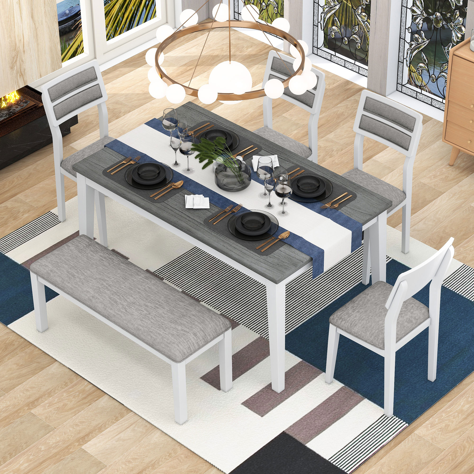 Nestfair DSH043K White+gray Contemporary/Modern Dining Room Set with Rectangular Table ( Seats 6 )