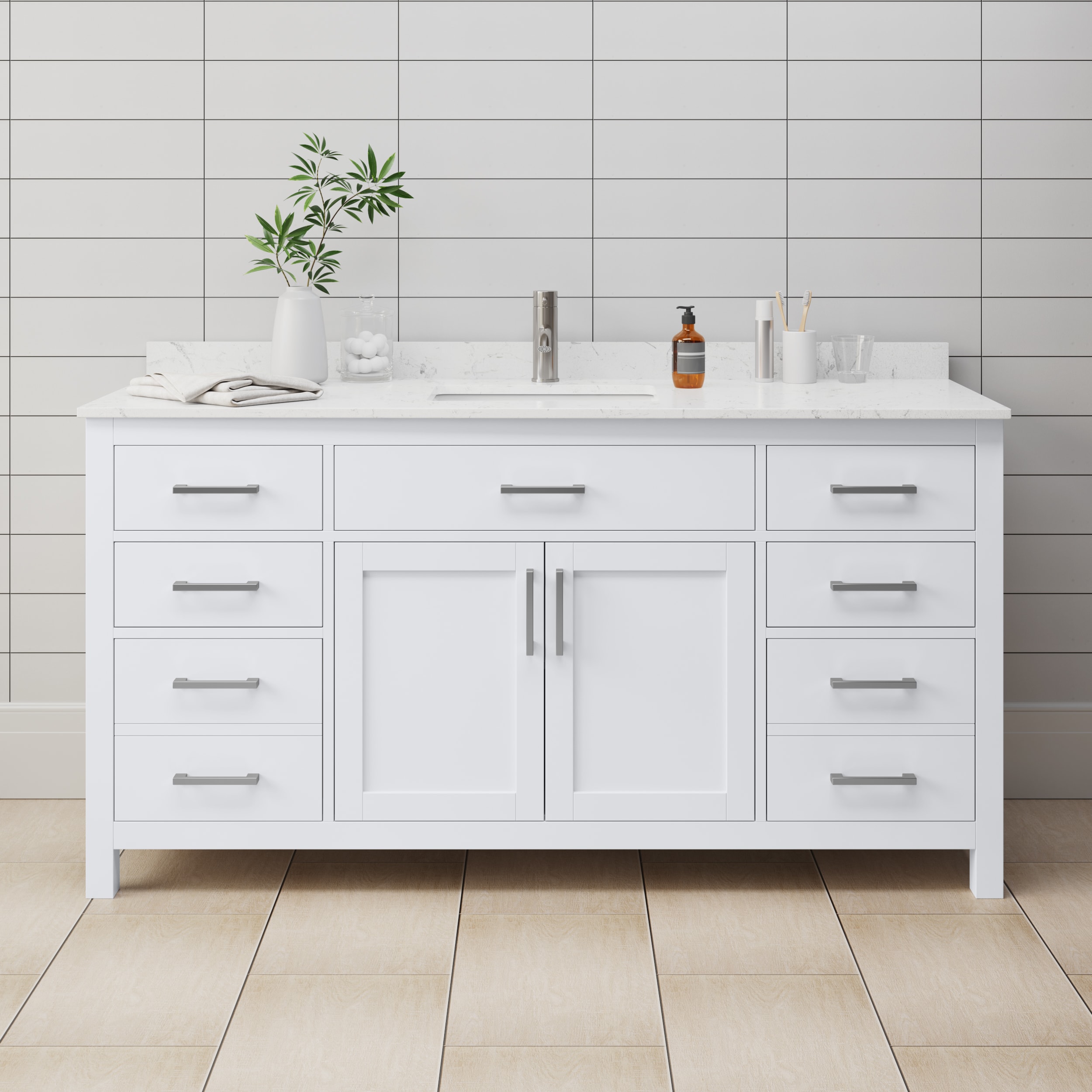 Wyndham Collection WCG242466SWHCCUNSMXX Beckett 66-in White with Brushed Nickel Trim Undermount Single sink Bathroom Vanity with Carrara Cultured Marble Cultured marble Top