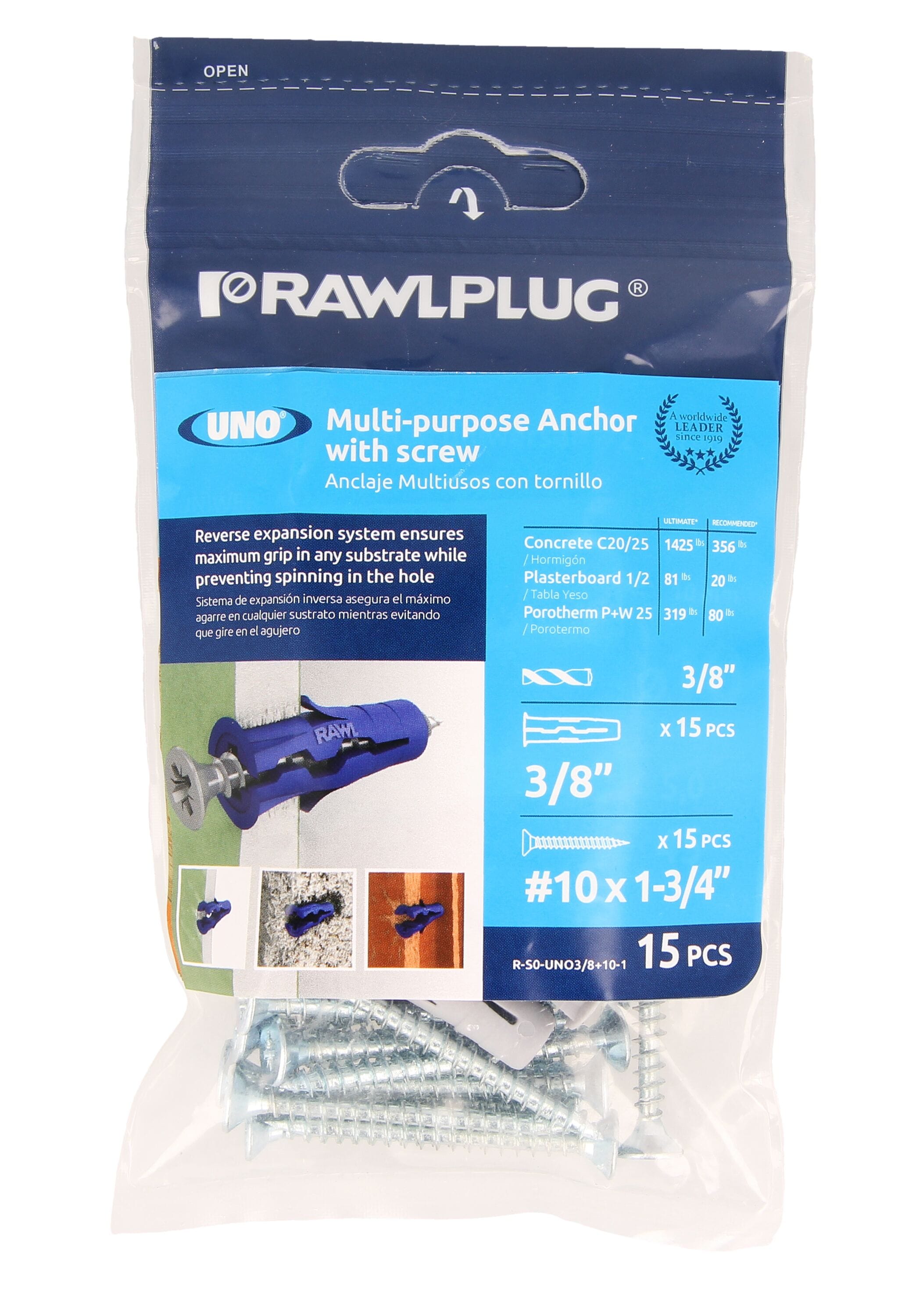 Rawlplug R-S0-UNO38+10-1 UNO 88-lbs. 3/8-in x 1-in Anchors with Screws Included 15 -Pack