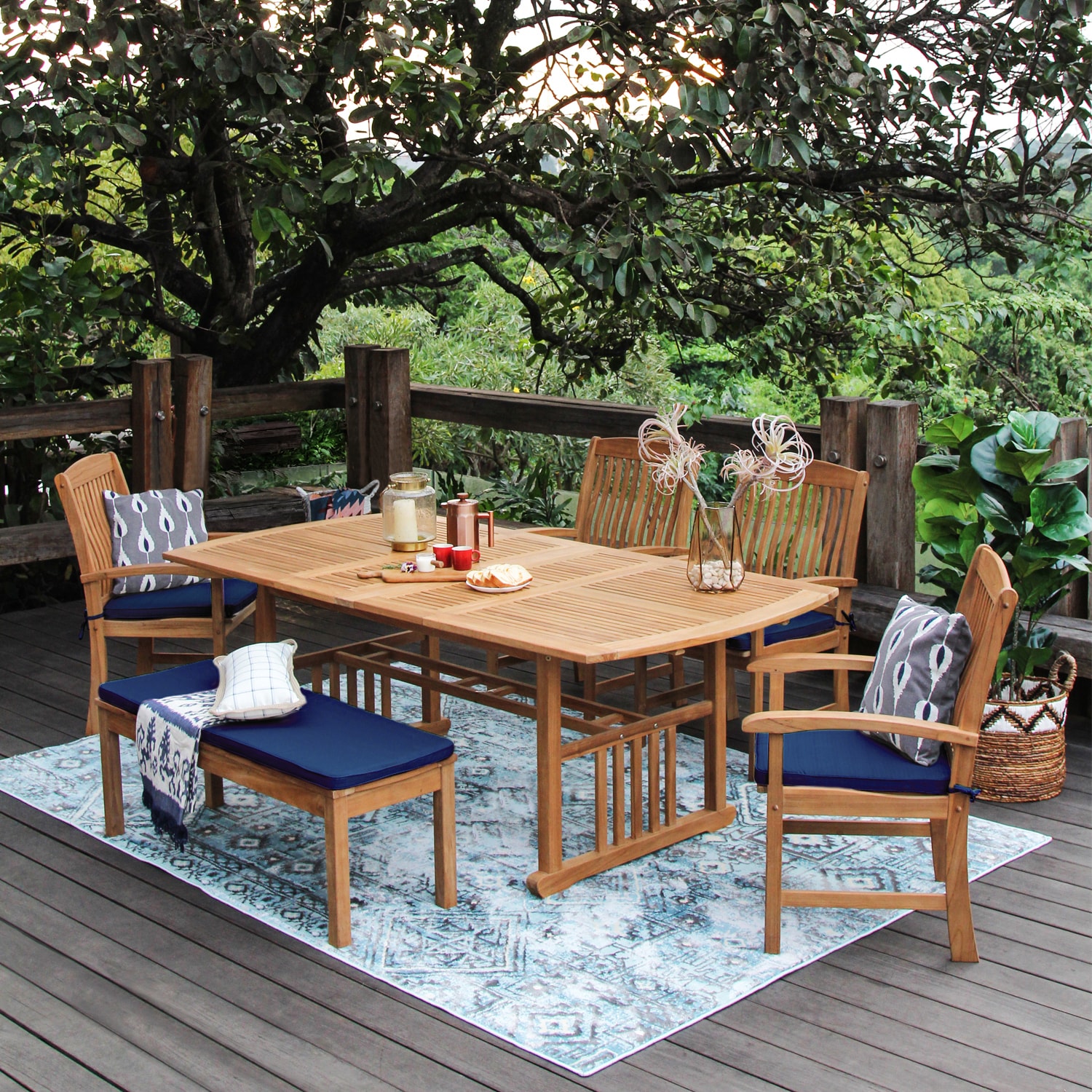 Cambridge Casual 610610-TW-XX-NV-XX Abbington 6 -Piece Natural Teak Patio Dining Set Extendable Table Wood Rectangle Table with 5 Navy Cushions Stationary Chairs