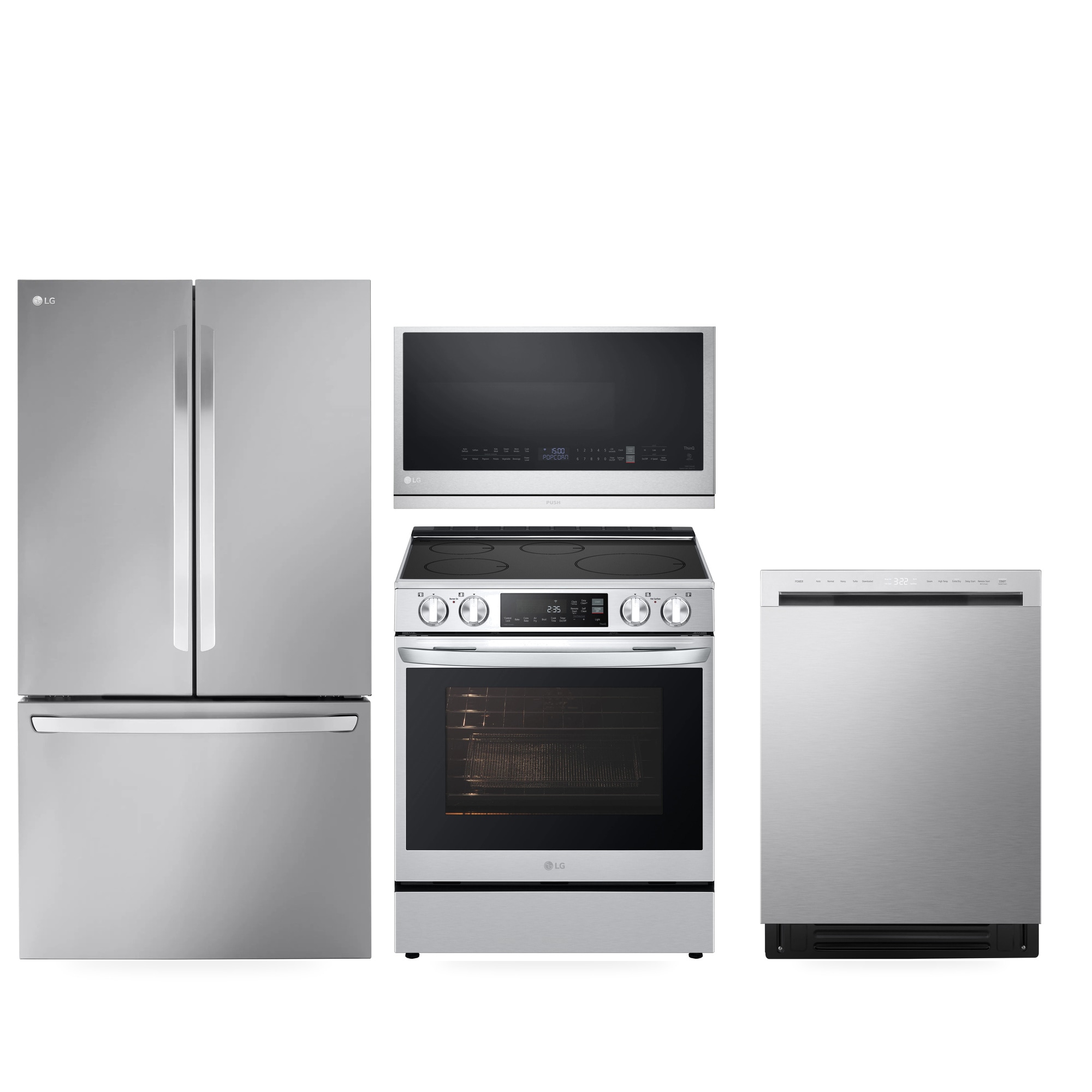 LG Counter-Depth French Door Refrigerator, Induction Range, FlushFit Dishwasher and Over-the-Range Microwave Kitchen Appliance Package, Stainless Steel