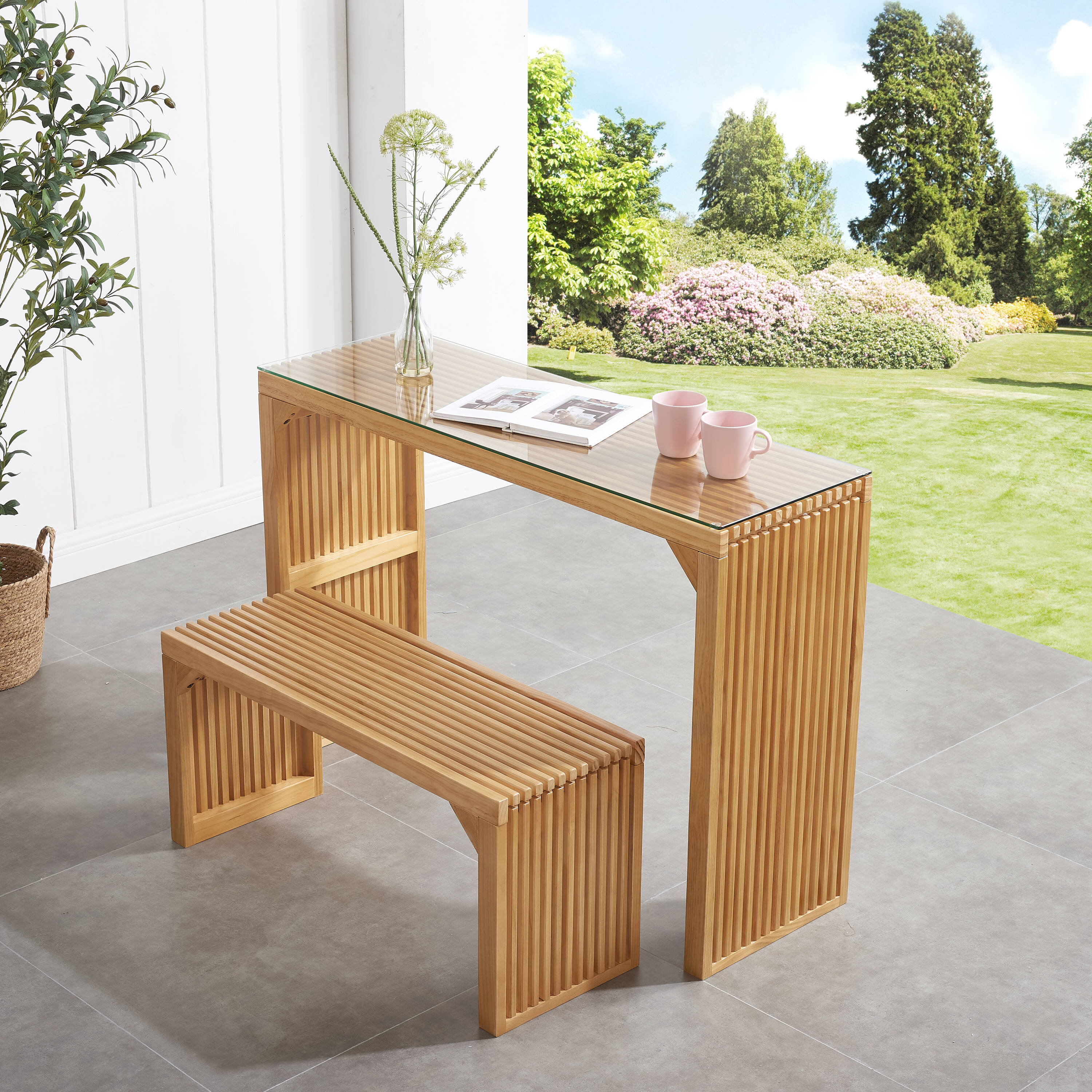 AAZJ JDL-92488 Natural Pine Dining Long Bench and Table Set 2 -Piece Natural Patio Dining Set Wood Rectangle Table with 1 Stationary Chairs