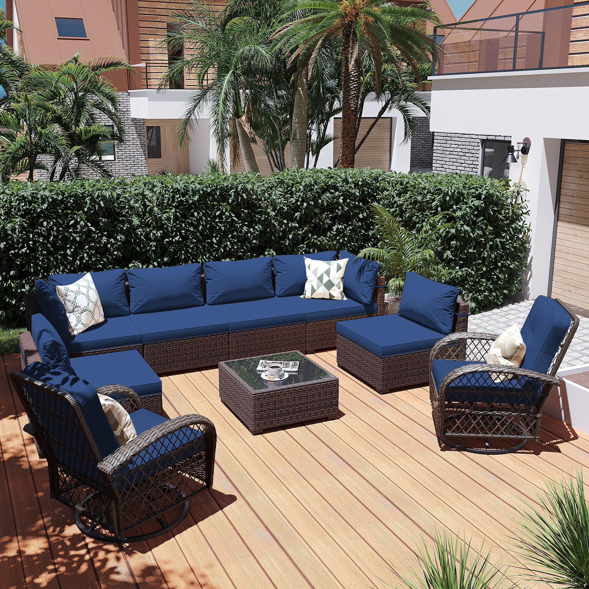 Patio Watcher LS-RT7-Y9-B2 9 -Piece Rattan Patio Conversation Set with Blue Cushions