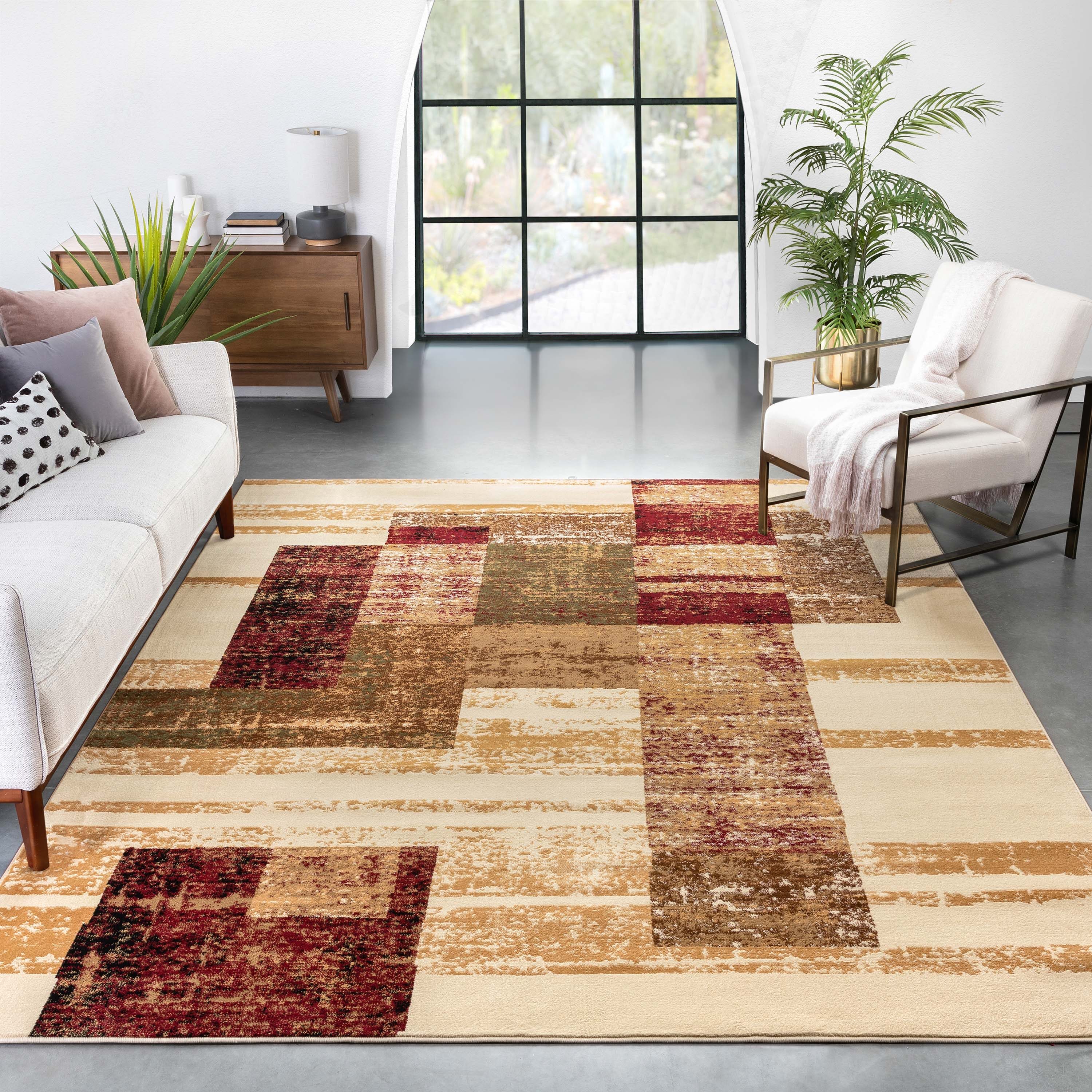 Ivory and Red Geometric Synthetic Rectangular Area Rug 3'11" x 5'3"