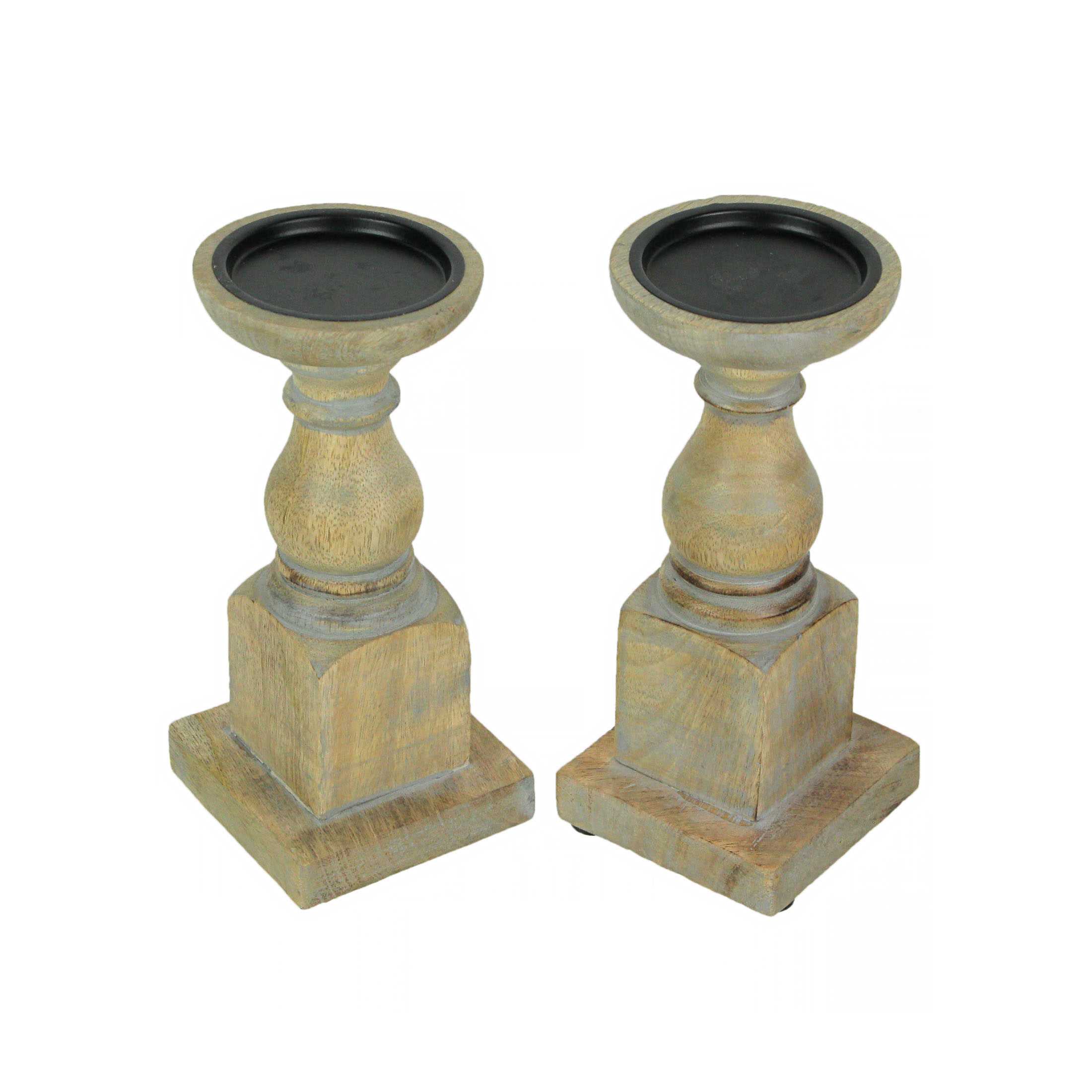 India House IHB-14342-GY-SET Set of 2 Grey Washed Wooden Pedestal Candle Holders Rustic Centerpiece Decor