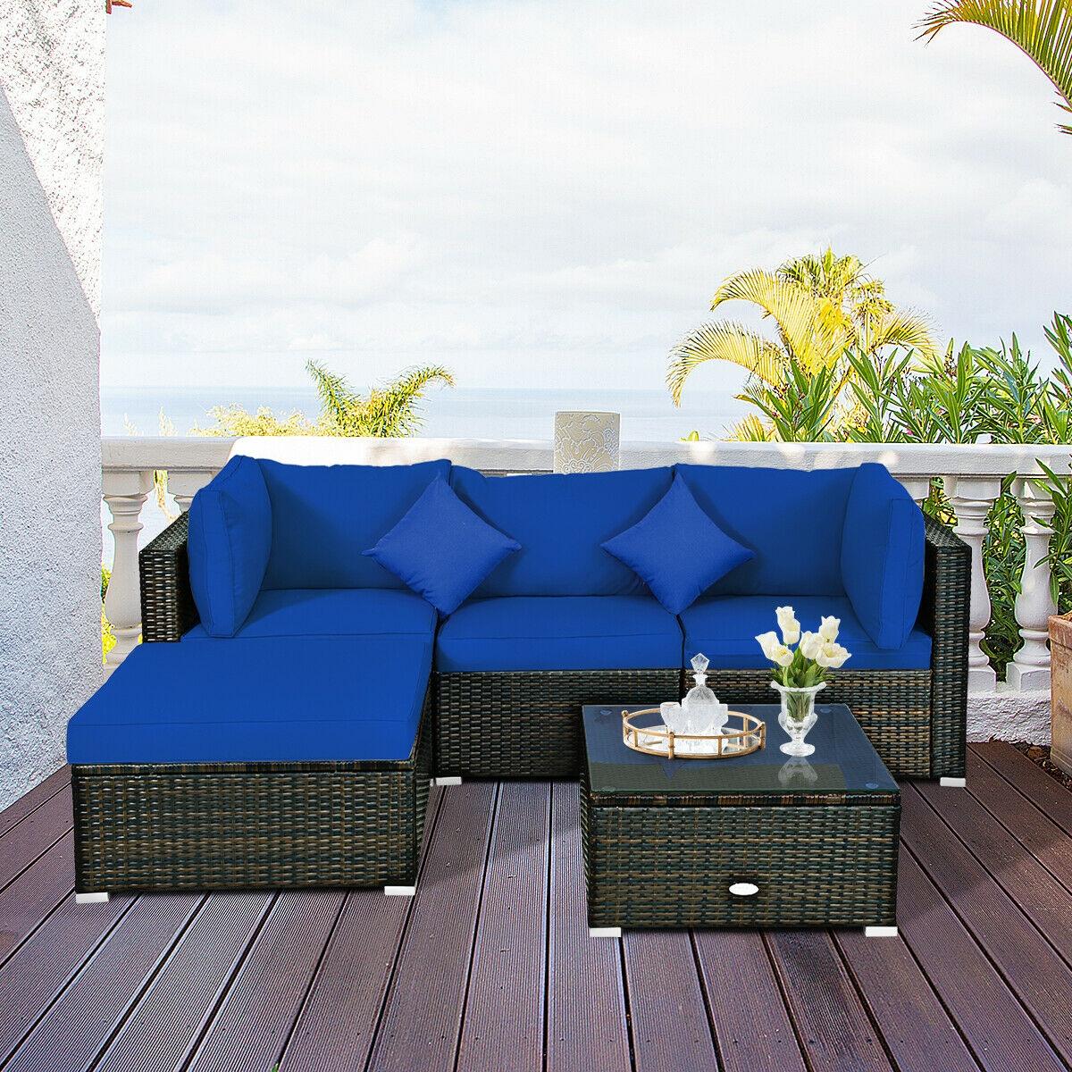 BABOOM BOM-79ANY+-CO 5 -Piece Rattan 2 Patio Sofa Conversation Set with Blue Cushions