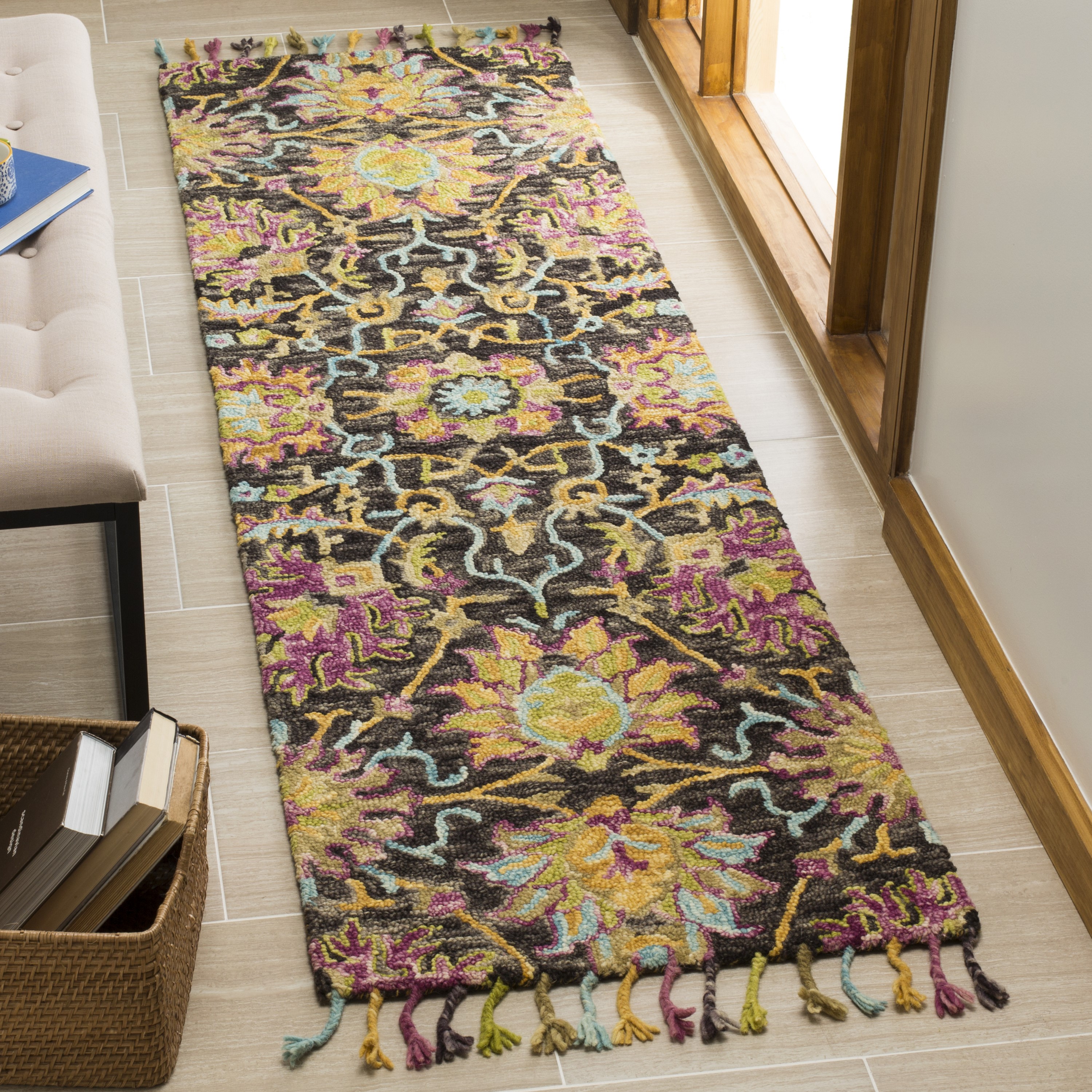 Handmade Multicolor Floral Tufted Wool Runner Rug 27" x 7"