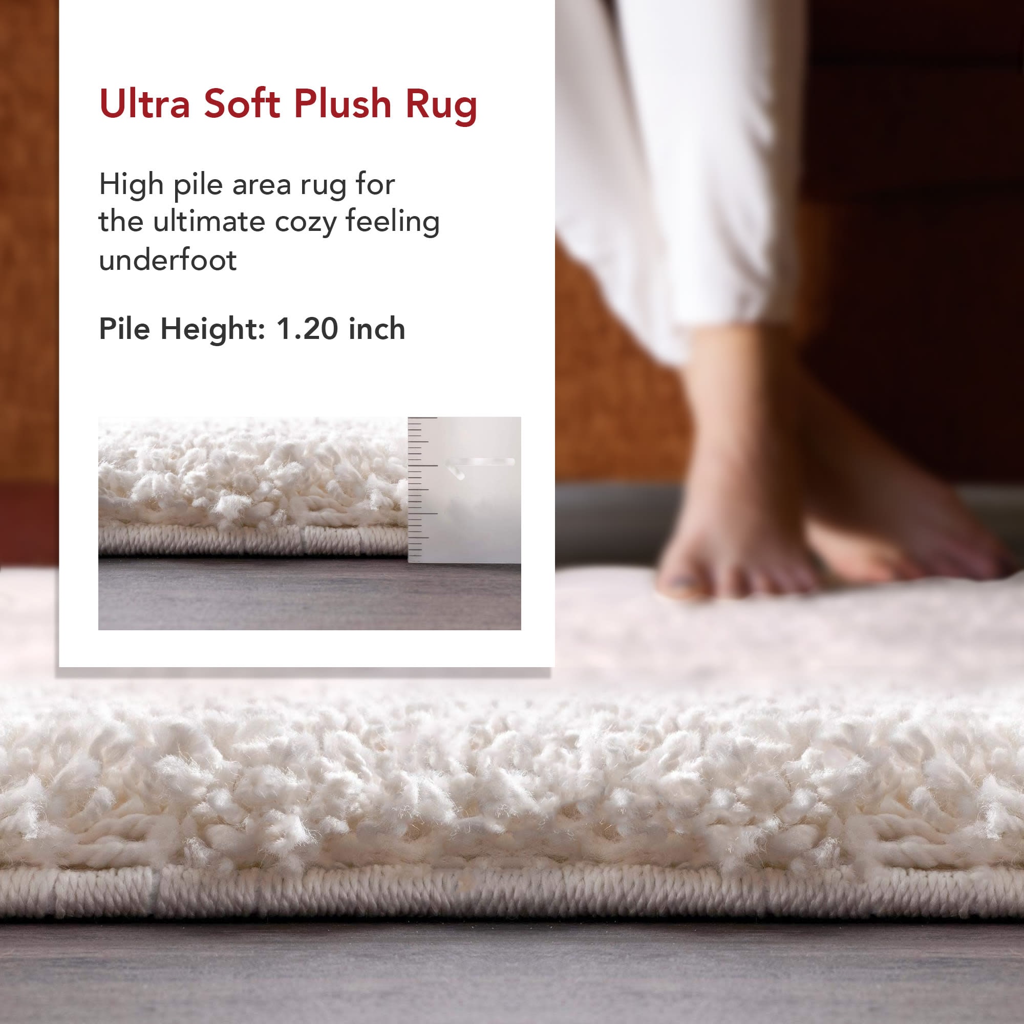 Luxurious Solid White Synthetic Easy-Care Shag Rug, 6'7" x 9'