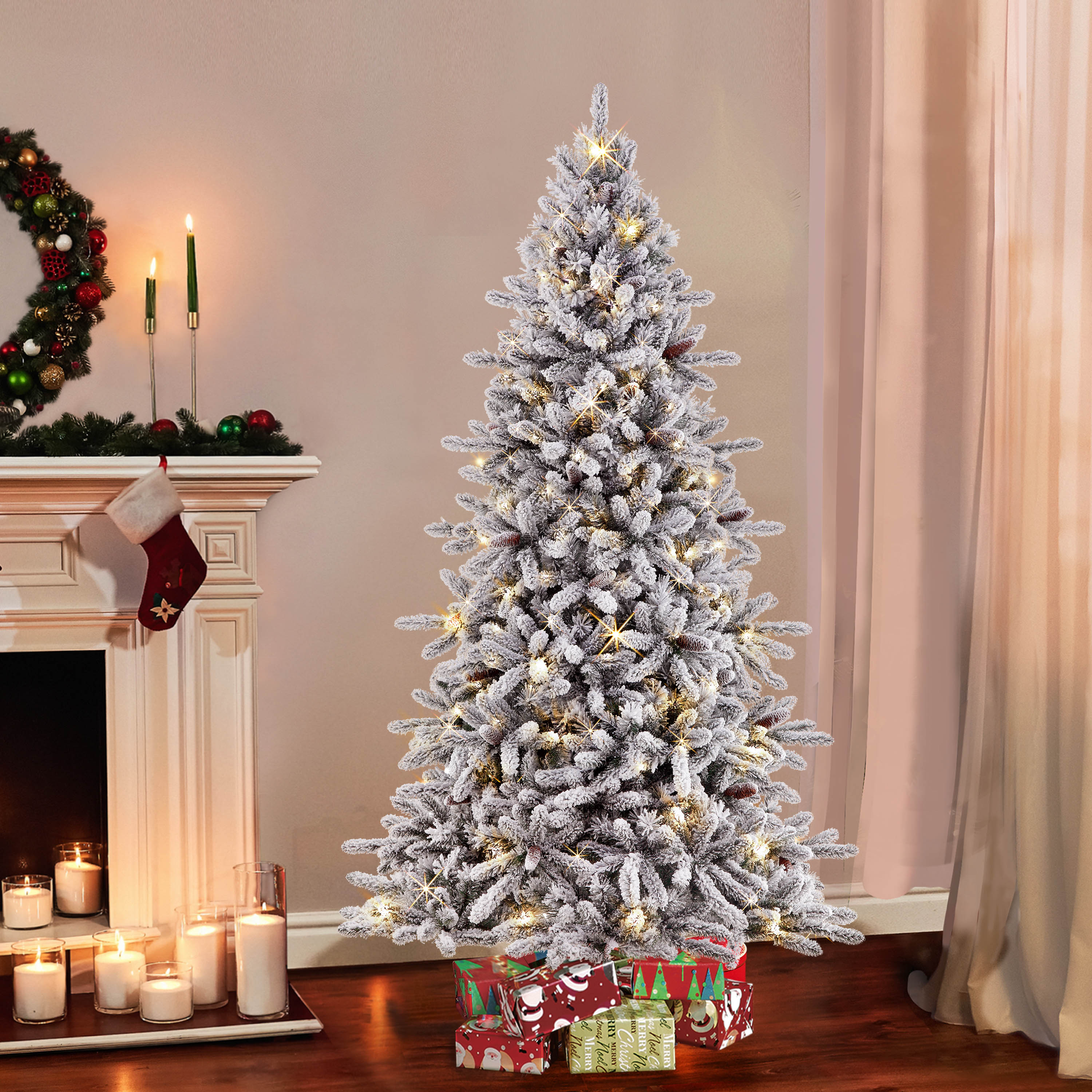 Puleo International 7.5-ft Pre-lit Flocked Artificial Christmas Tree ...