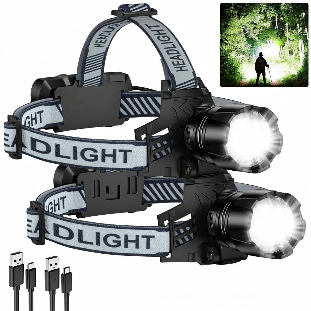 Vrbgify 2 Pack Rechargeable LED Headlamp 99000 Lumens Super Bright 4 Modes 90 Degree Adjustable Focus USB C Fast Charging IPX6 Waterproof #LVG0427P34