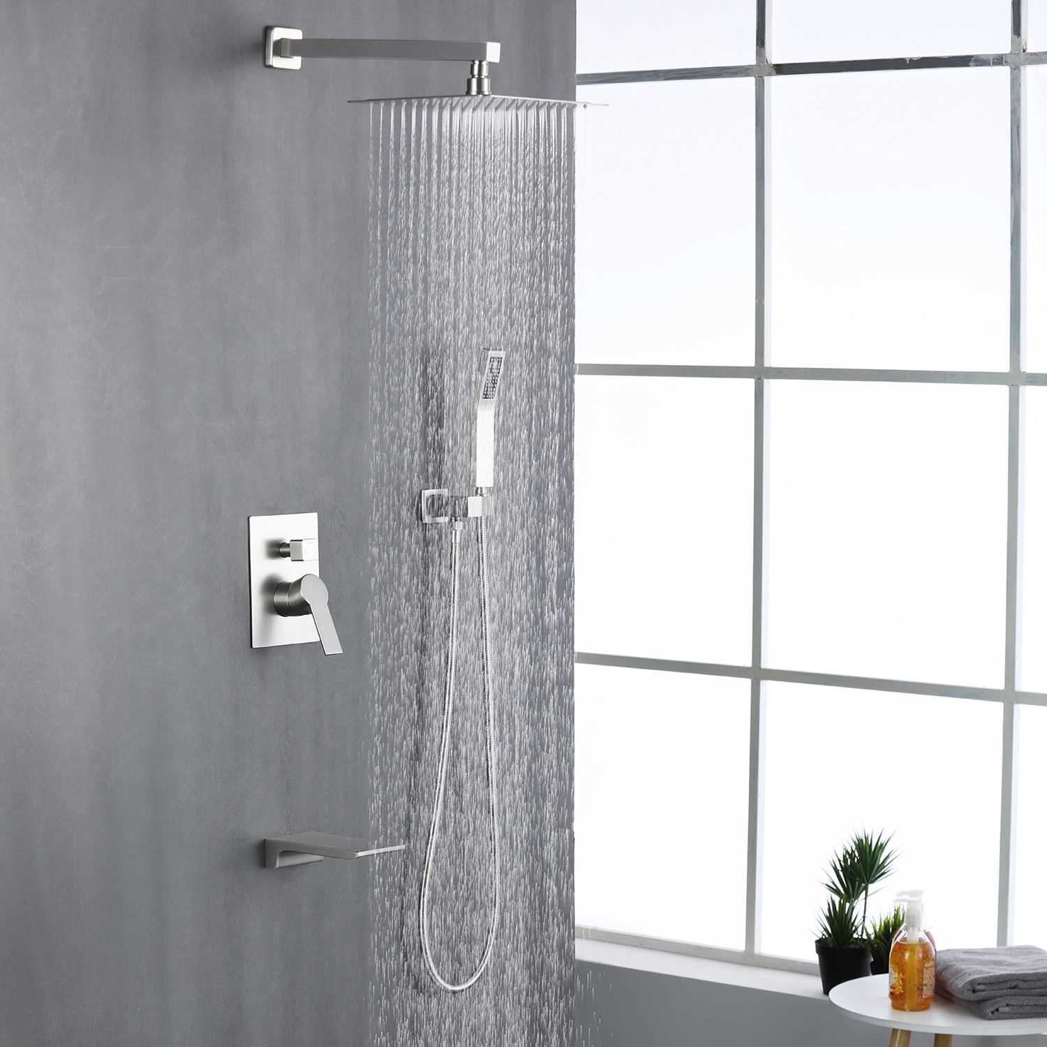 Cobbe Brushed Nickel 10-in Waterfall Dual Head Built-in Shower Faucet 