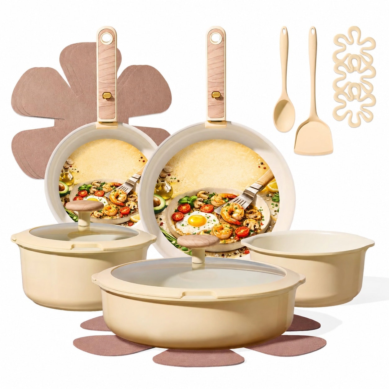 Etokfoks  18 Piece Ceramic Nonstick Cookware Set with Detachable Handle in Yellow for Induction and All Cooktops
