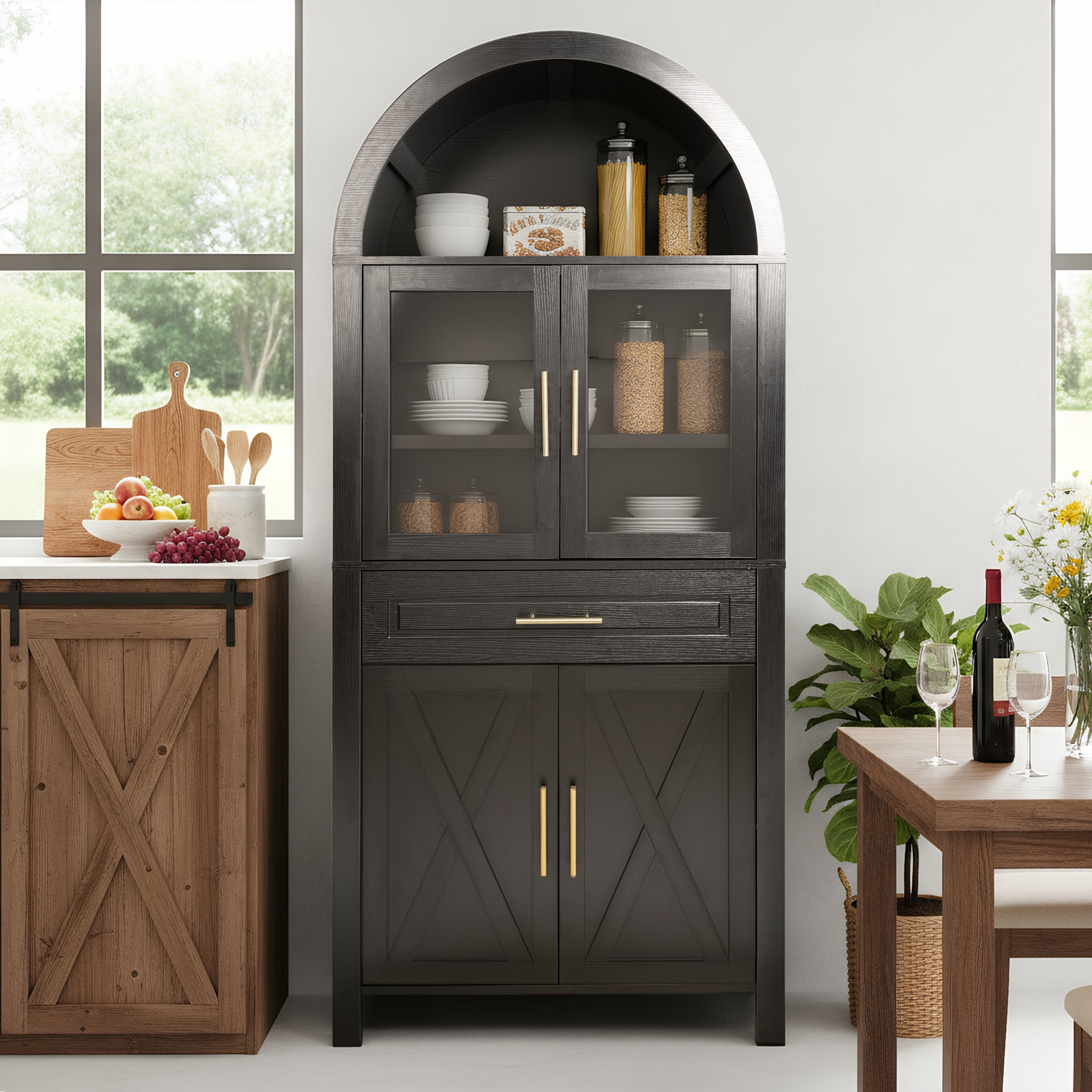 Vynxaria 31.5-in W x 70.87-in H x 15.75-in D Black Freestanding Kitchen Pantry Cabinet with Glass Doors and Adjustable Shelves and Drawers
