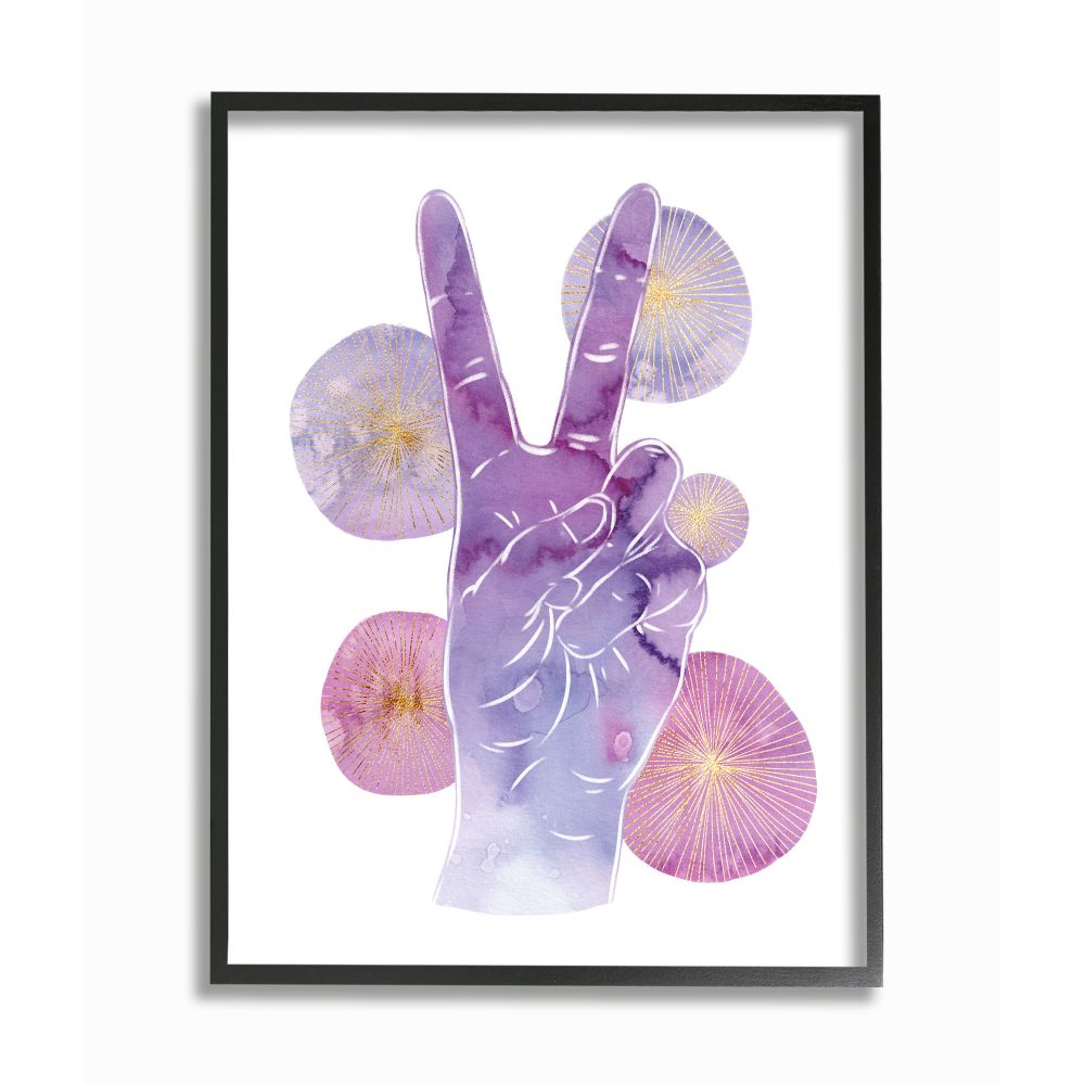 Stupell Industries AB-664-FR-24X30 Purple Watercolor Peace Hand Sign with Abstract Shapes Ziwei Li Black Framed Wood Framed 30-Inches H x 24-Inches W People Print