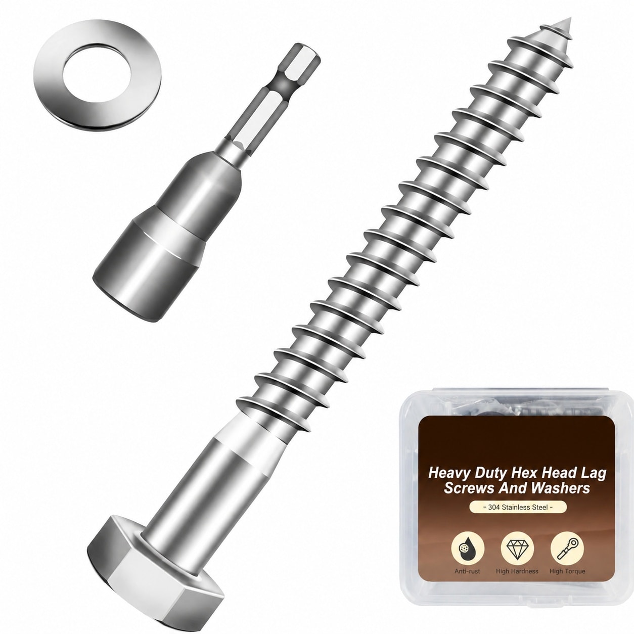 KIWDZFU 3/8 x 3 Hex Head Lag Screws Bolts with Flat Washers 10 Sets 304 ...