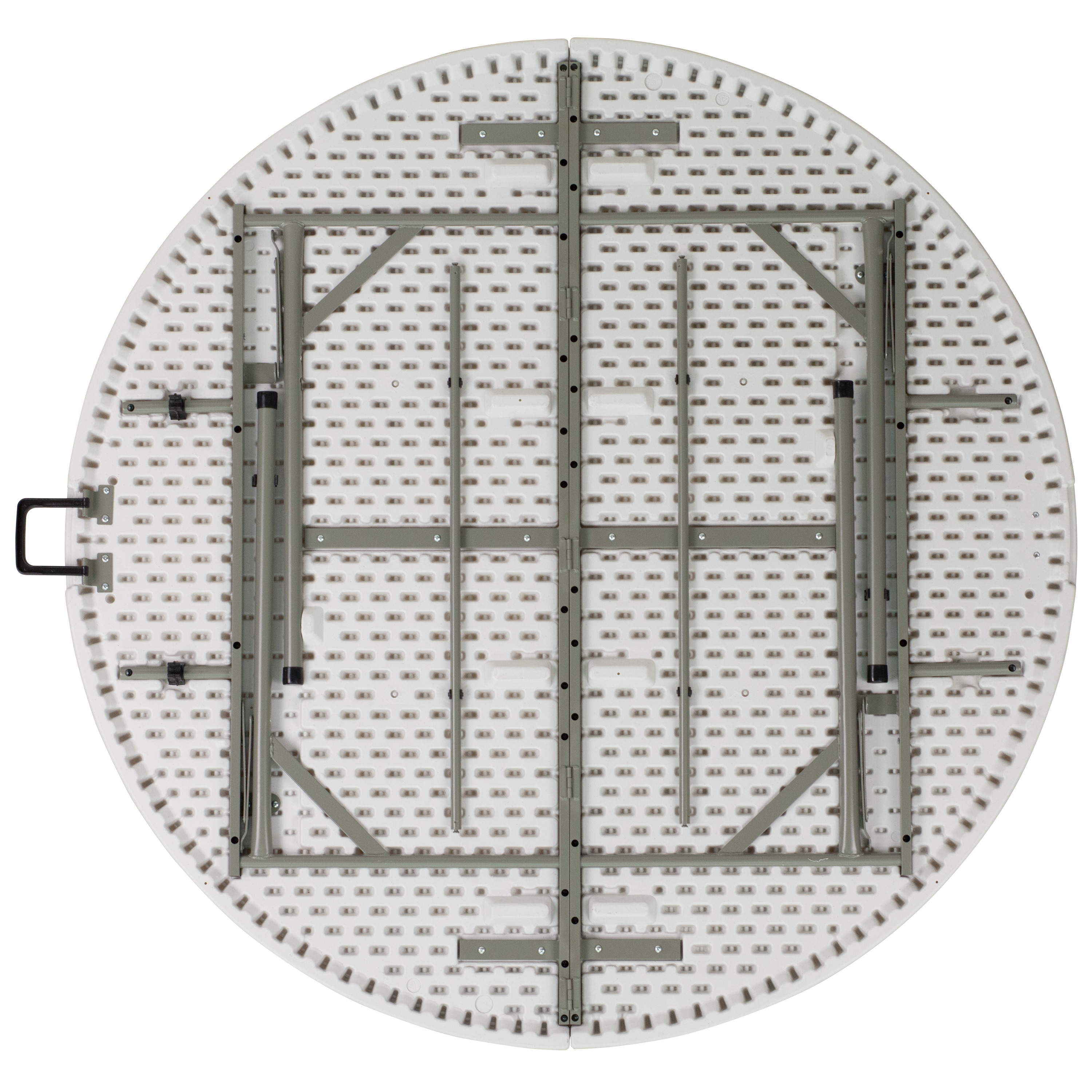 Granite White 60'' Round Bi-Fold Table with Metal Frame and Handle