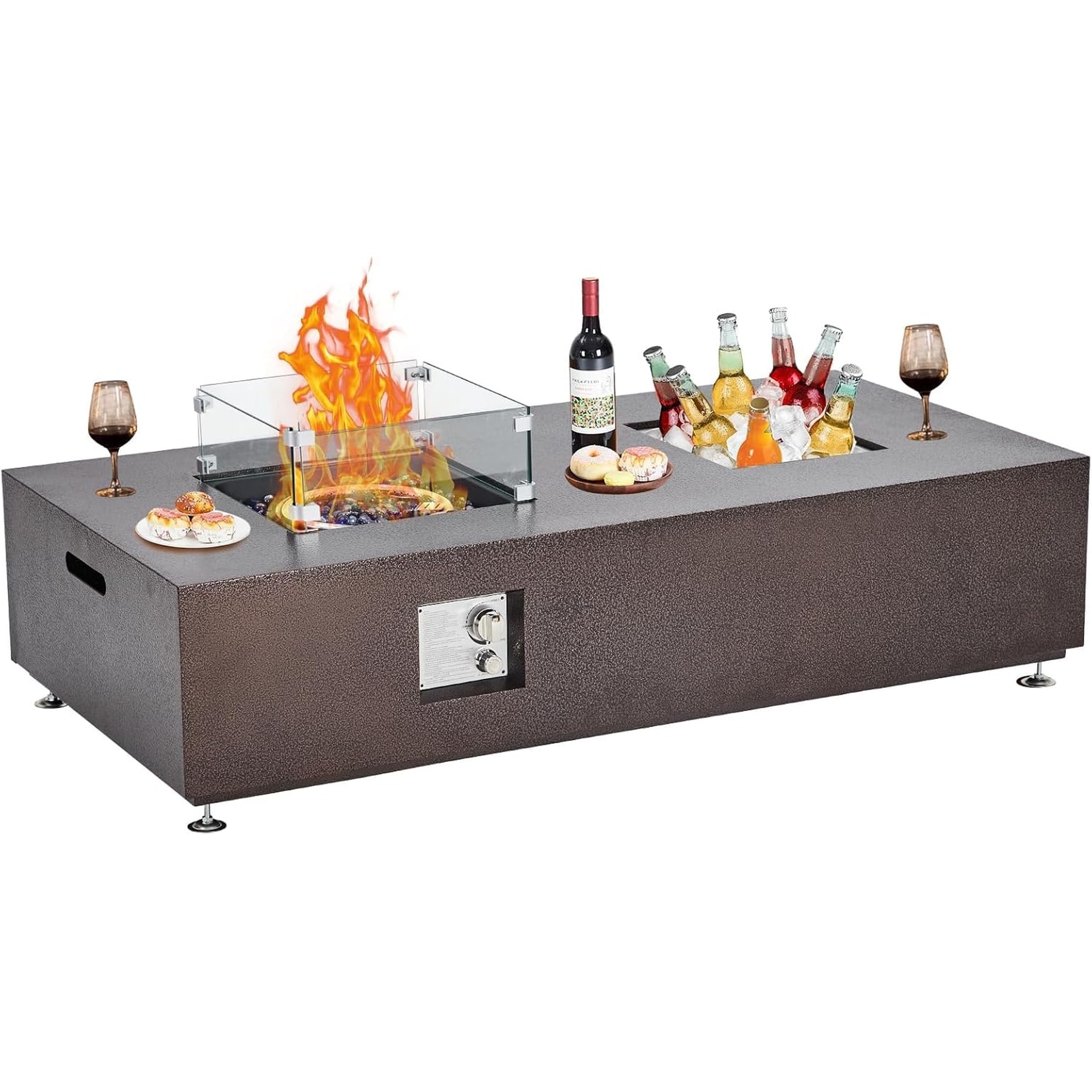 Garvee - 56 Inch Bronze Outdoor Propane Fire Pit Table with 13 Inch Ice Bucket 50000 BTU Stainles...