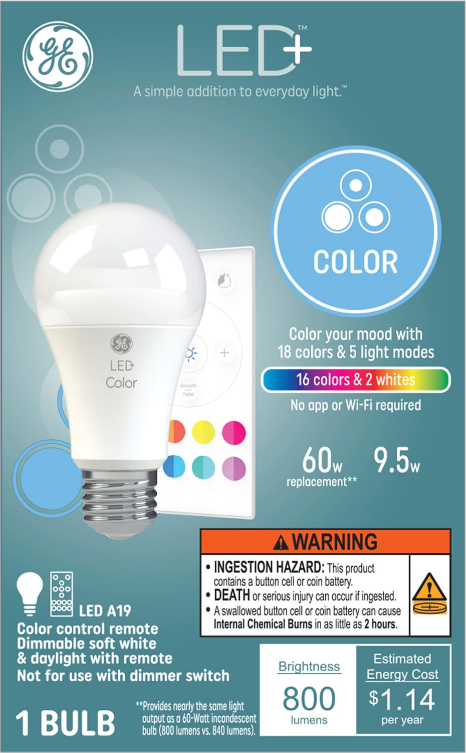 GE LED+ Color 60-Watt EQ A19 Full Spectrum Medium Base (e-26