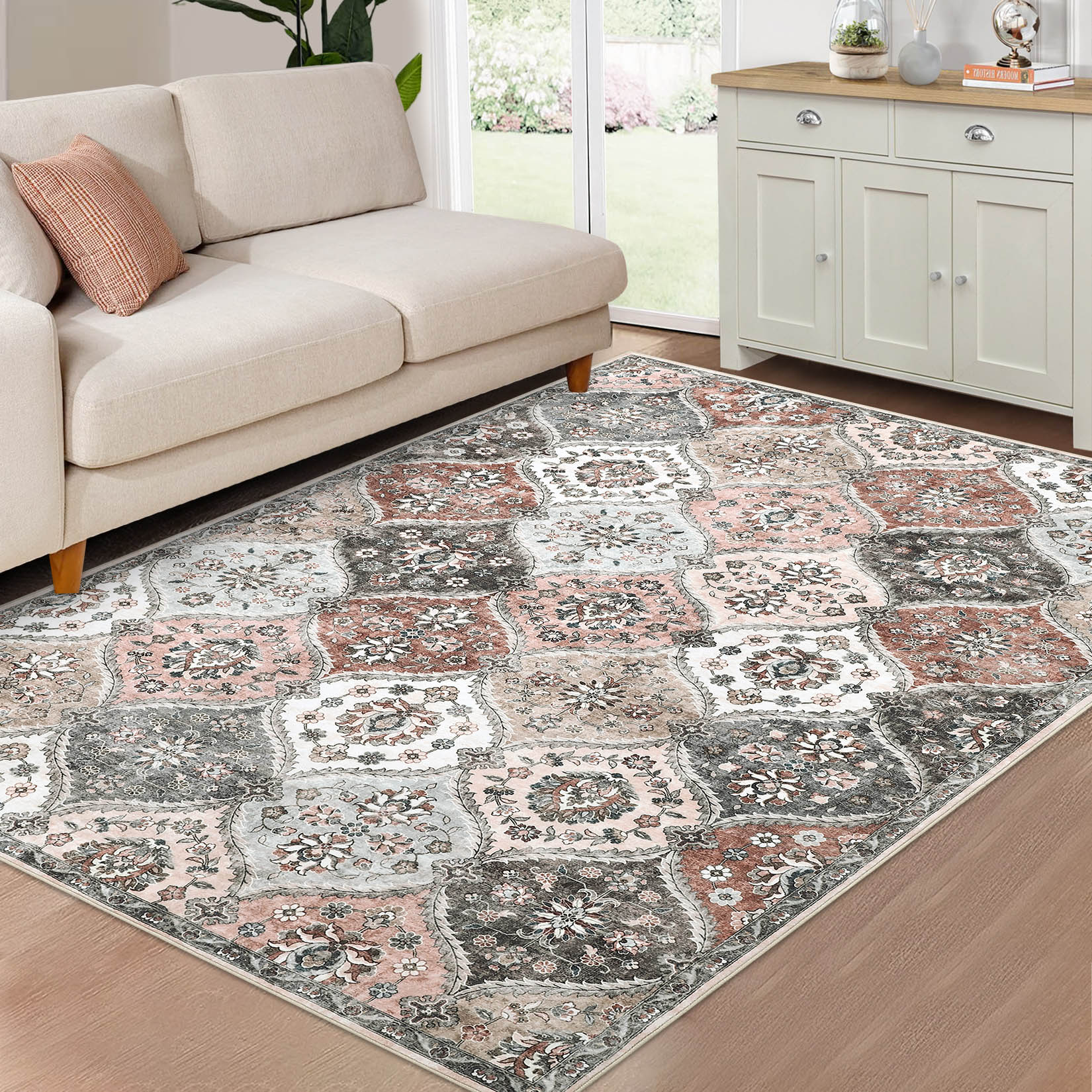 Garvee YXY-LO-PHO-10OJKF0W 10 x 13 (ft) Loomed Gray/Pink Rectangular Indoor Floral/Botanical Moroccan Machine washable Pet Friendly Area rug