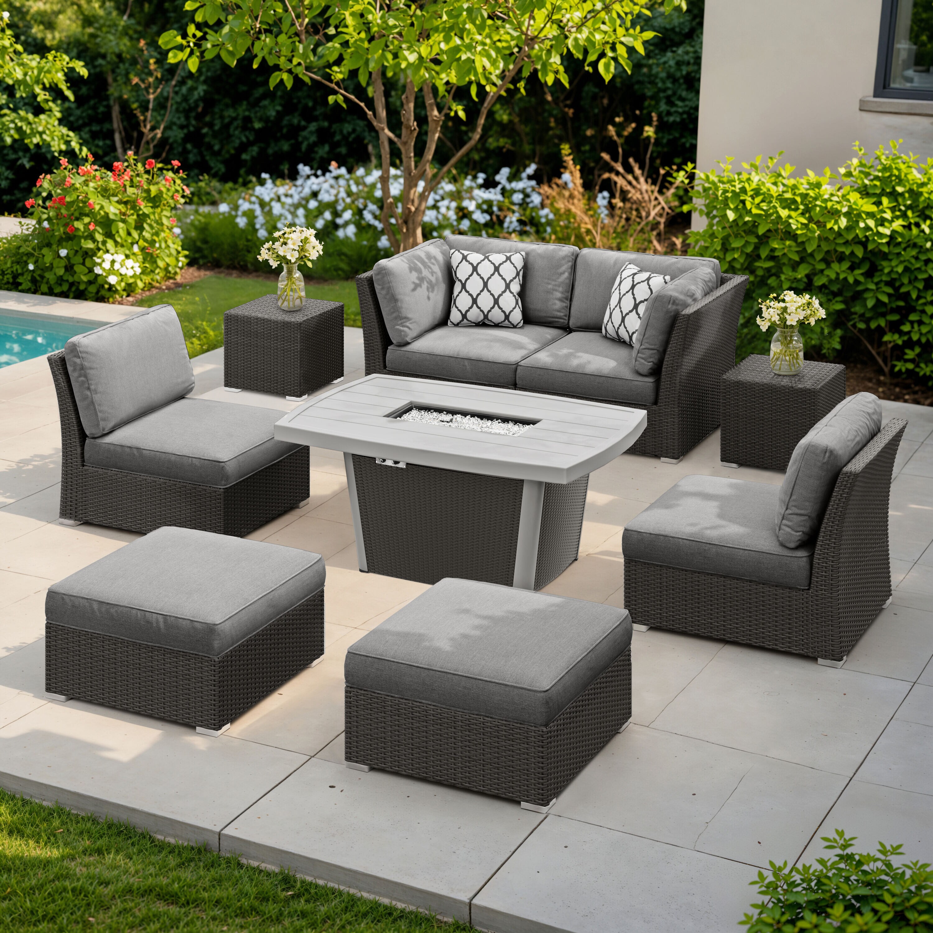 Octans SL2C00231 9 -Piece Wicker Patio Conversation Set with Gray Cushions