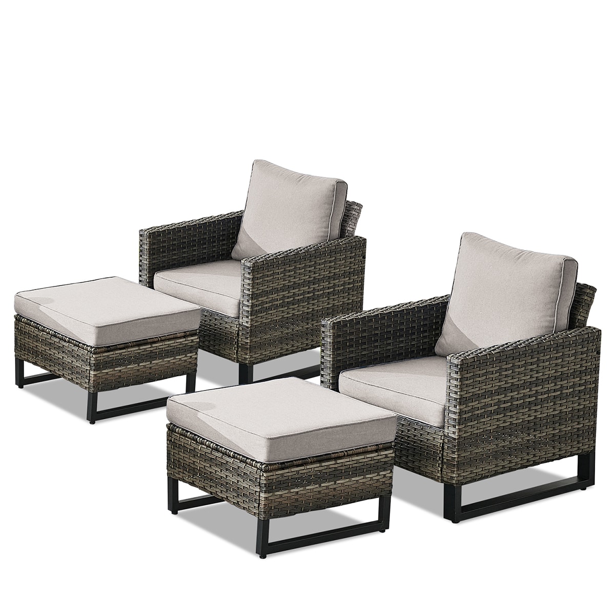 Rilyson FS063097-2 U-FEET Set of 2 Wicker Gray Wicker Frame Stationary Conversation Chair with Gray Beige Cushioned Seat