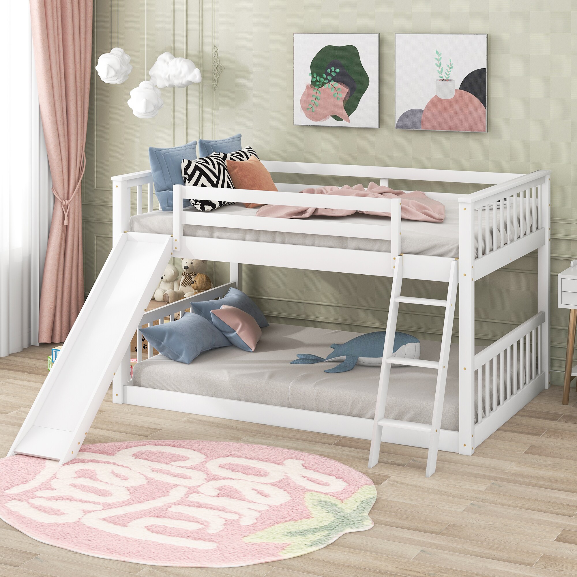 ModernLuxe GX000708AAK-1 Full over Full Bunk Bed with Convertible Slide and Ladder White