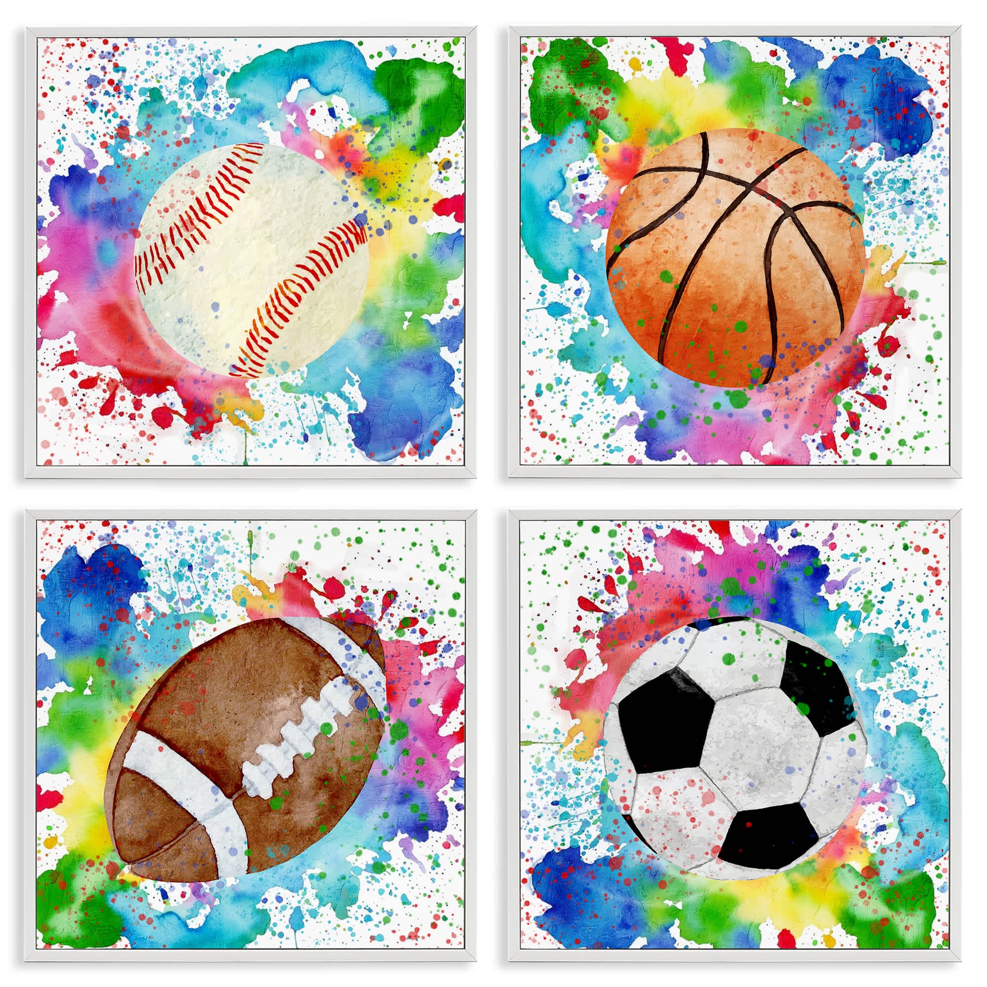 Stupell Industries A4-253-WFR-4PC-12X12 Rainbow Splatter Baseball 4 Piece White Framed Giclee Art Set By Kim Allen 12 x 12