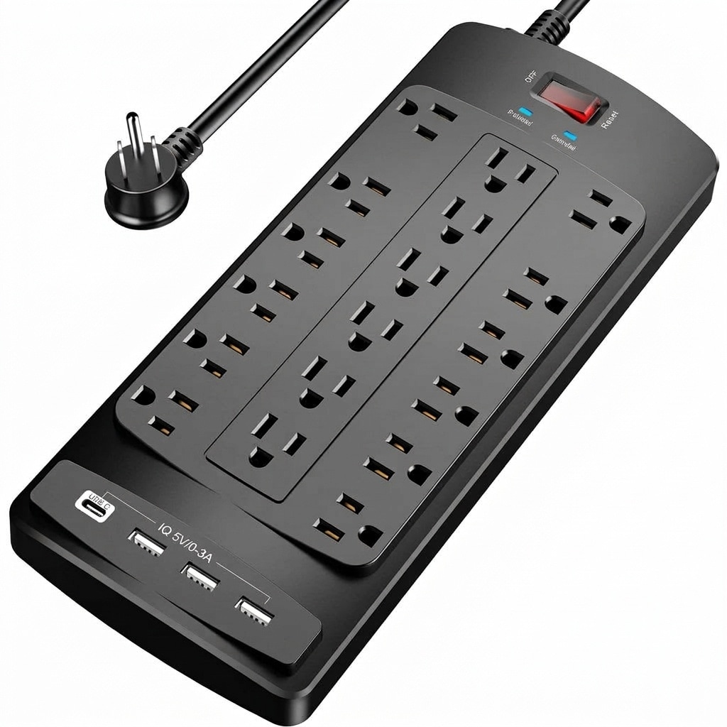 Oyezvary  1 Piece 18 Outlet Surge Protector Power Strip 6 Foot Heavy Duty Flat Plug Extension Cord 4 USB Ports 2100 Joules ETL Certified Black
