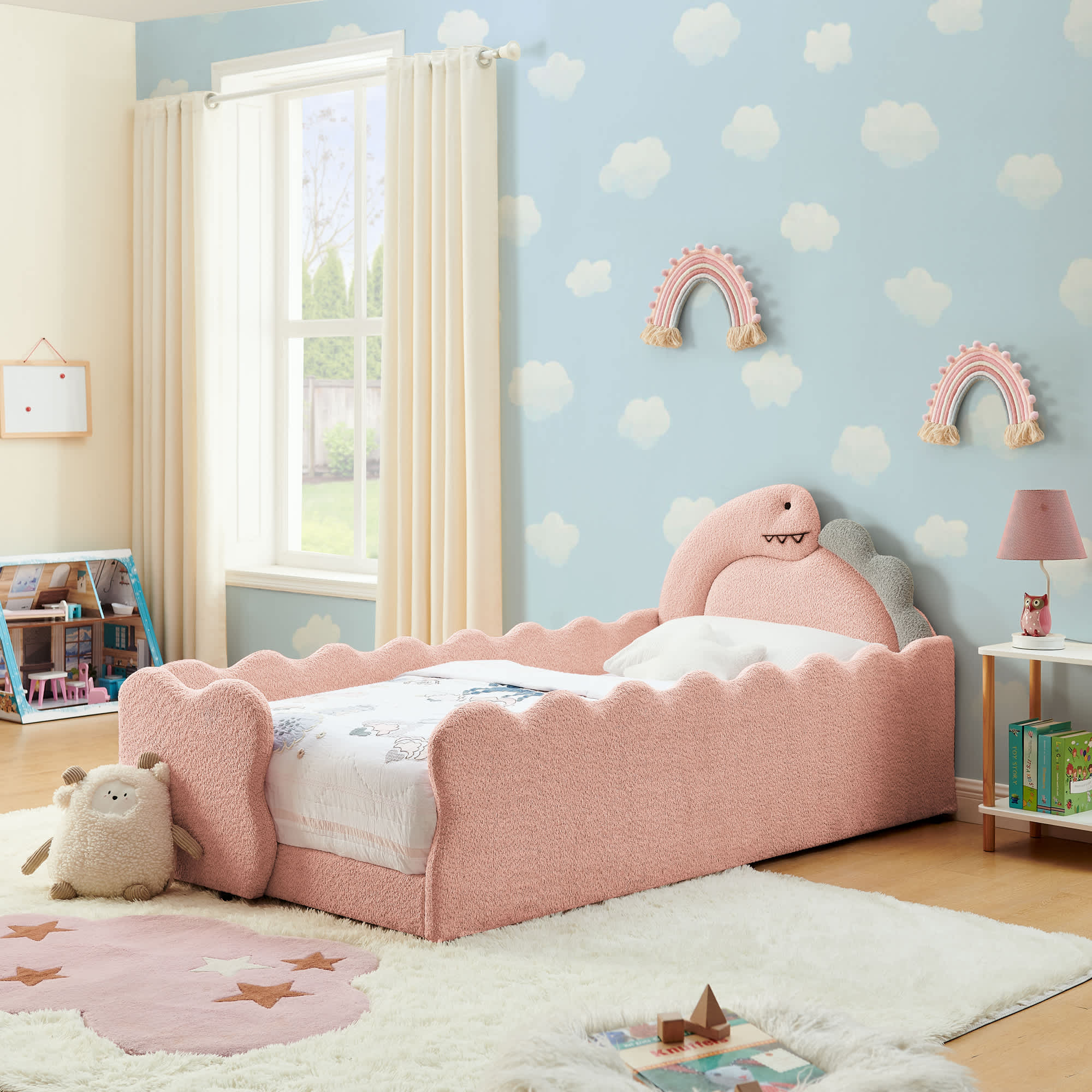 Roomfitters  Twin Size Dinosaur Upholstered Bed Frame Cute Novelty Platform Bed with Wave Edge Teddy Fabric Headboard Pink