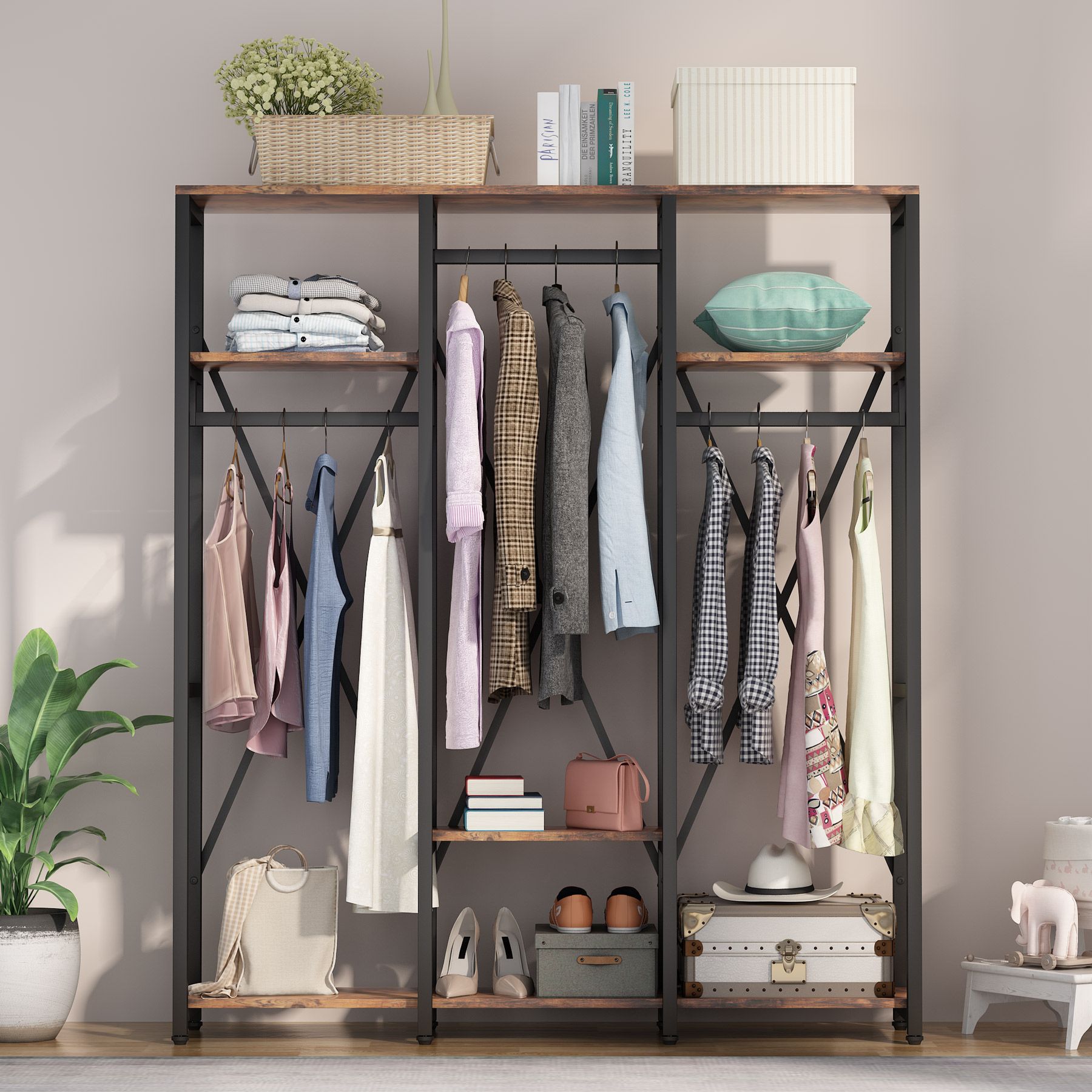 Freestanding Closet Organizer Heavy Duty, Closet Clothes Organizer,  Freestanding Closet Organizer System, Holds 200 Lbs Metal Closet Rack,  Clothes Rack, Rustic Brown