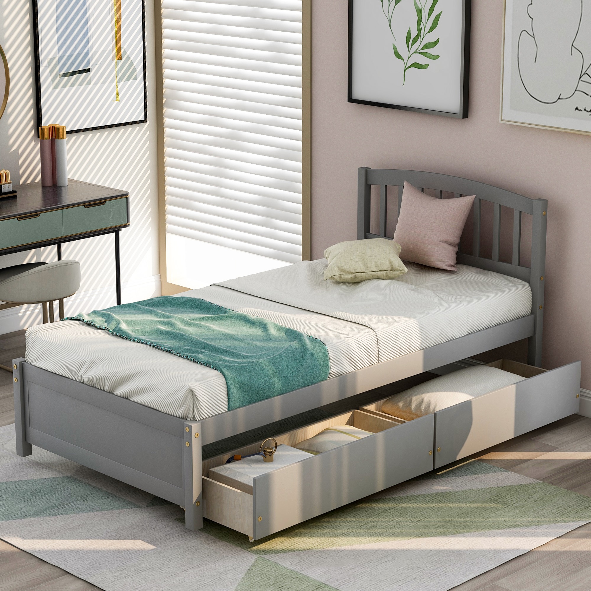 ModernLuxe WF194279AAE Twin Platform Storage Bed Wood Bed Frame with Two Drawers and Headboard Gray