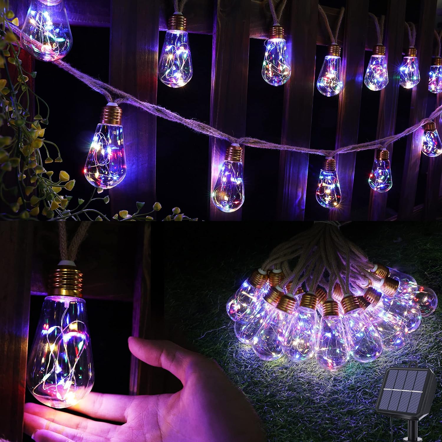 Segrass 20Ft Solar Outdoor String Lights with 16 Shatterproof Bulbs 160 LEDs Vintage Hemp Rope Design 8 Modes IP65 Waterproof for Patio Garden Balcony Bistro