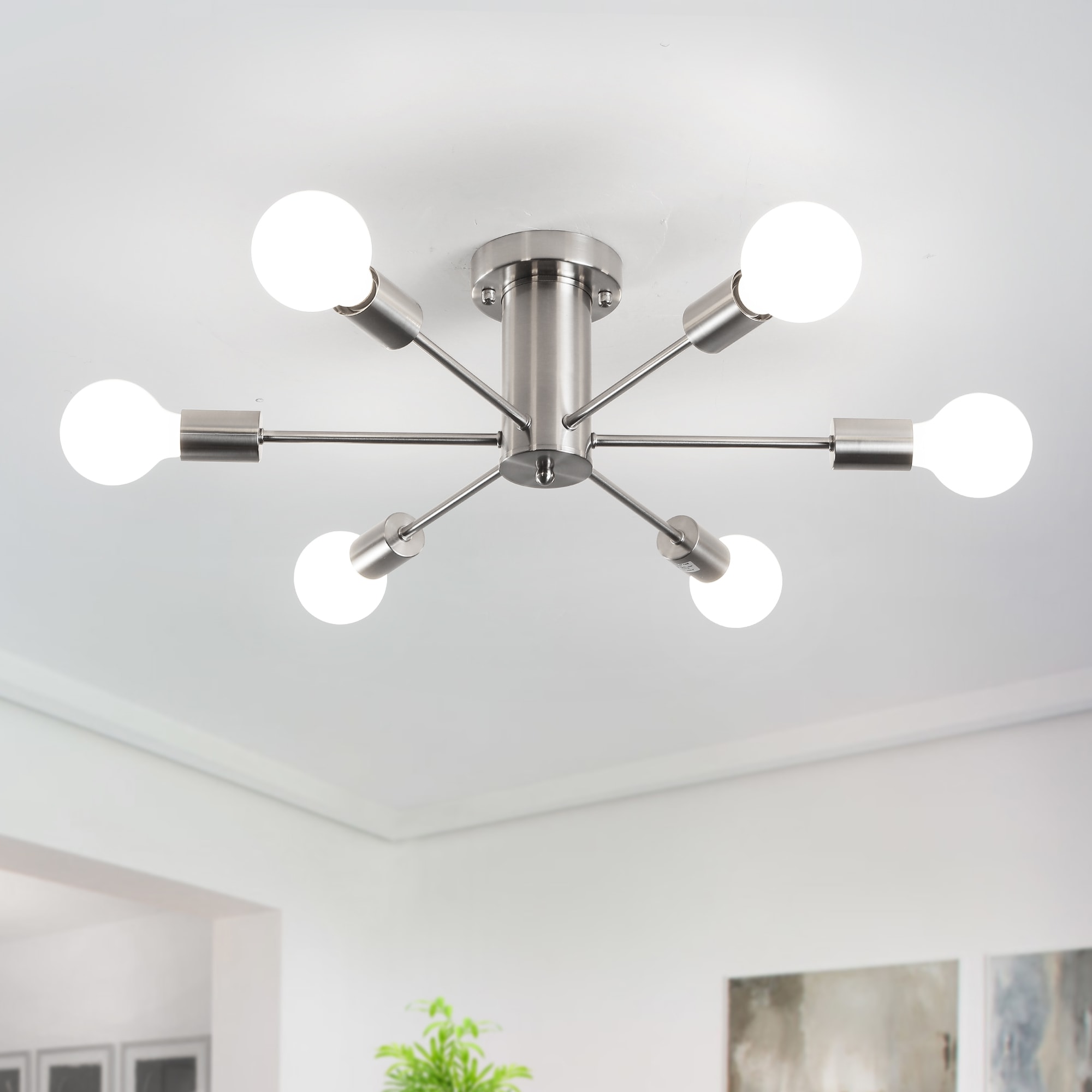 Zjvaive 21.81-inch 6-Light Contemporary Nickel Semi-Flush Mount Light for Multiple Spaces