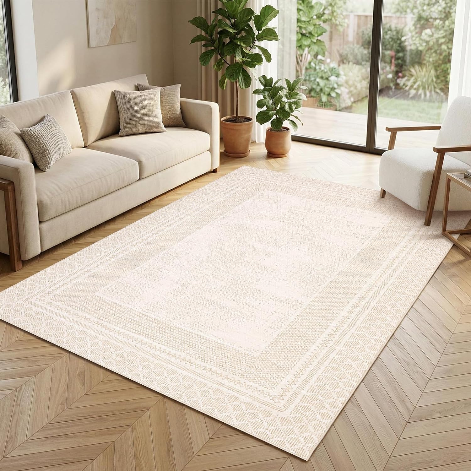 Aoile 5x7 Washable Area Rug Non Slip Low Pile Modern Geometric for Living Room Bedroom Beige