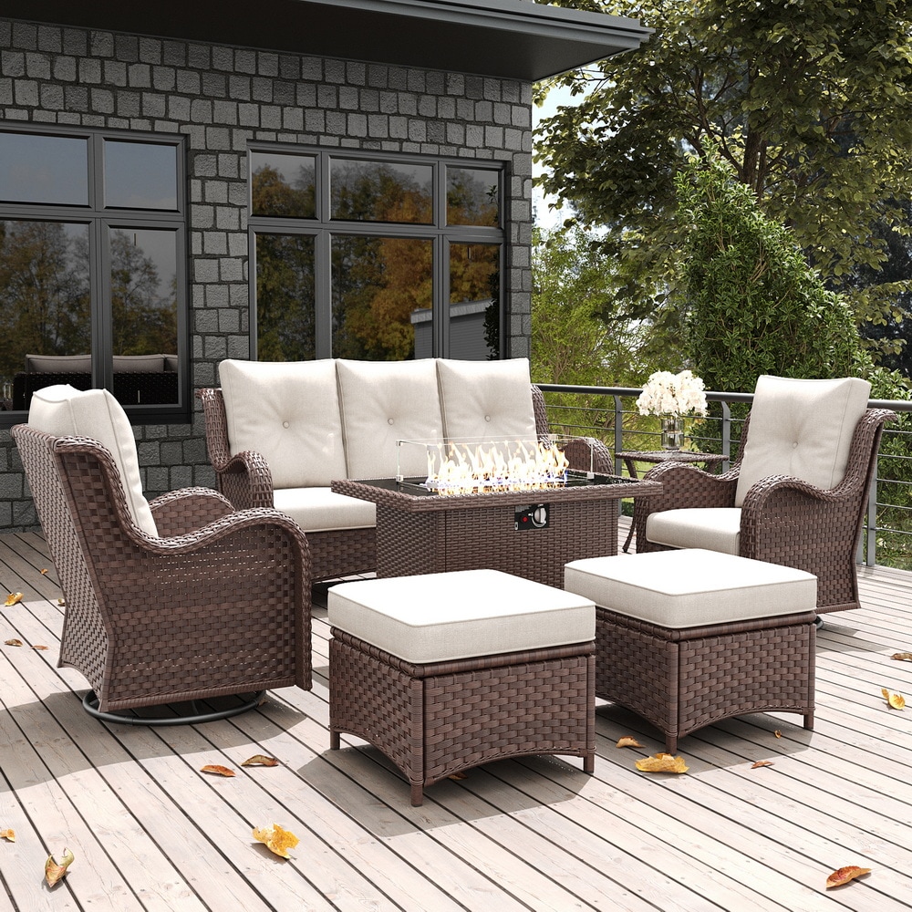 LayinSun FP6003A-BRBEIGE-7PWT 7 -Piece Outdoor Rattan Patio Conversation Set with Fire Pit and Beige Cushions