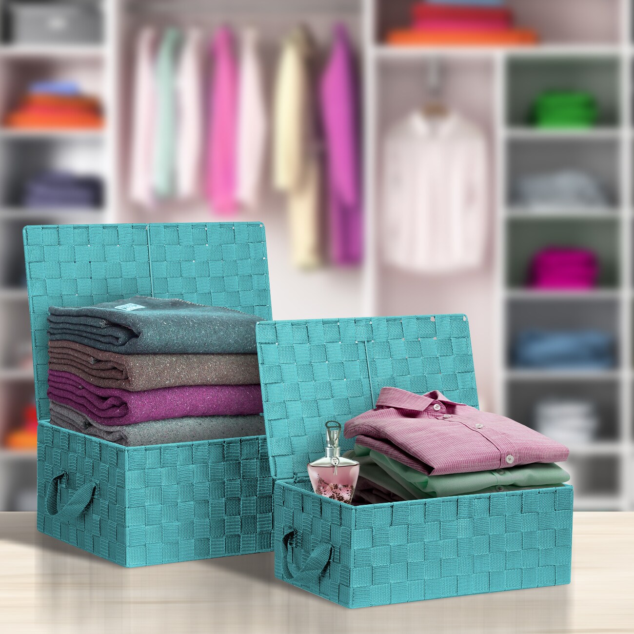 Aqua Woven Polypropylene Stackable Storage Basket Set with Lids
