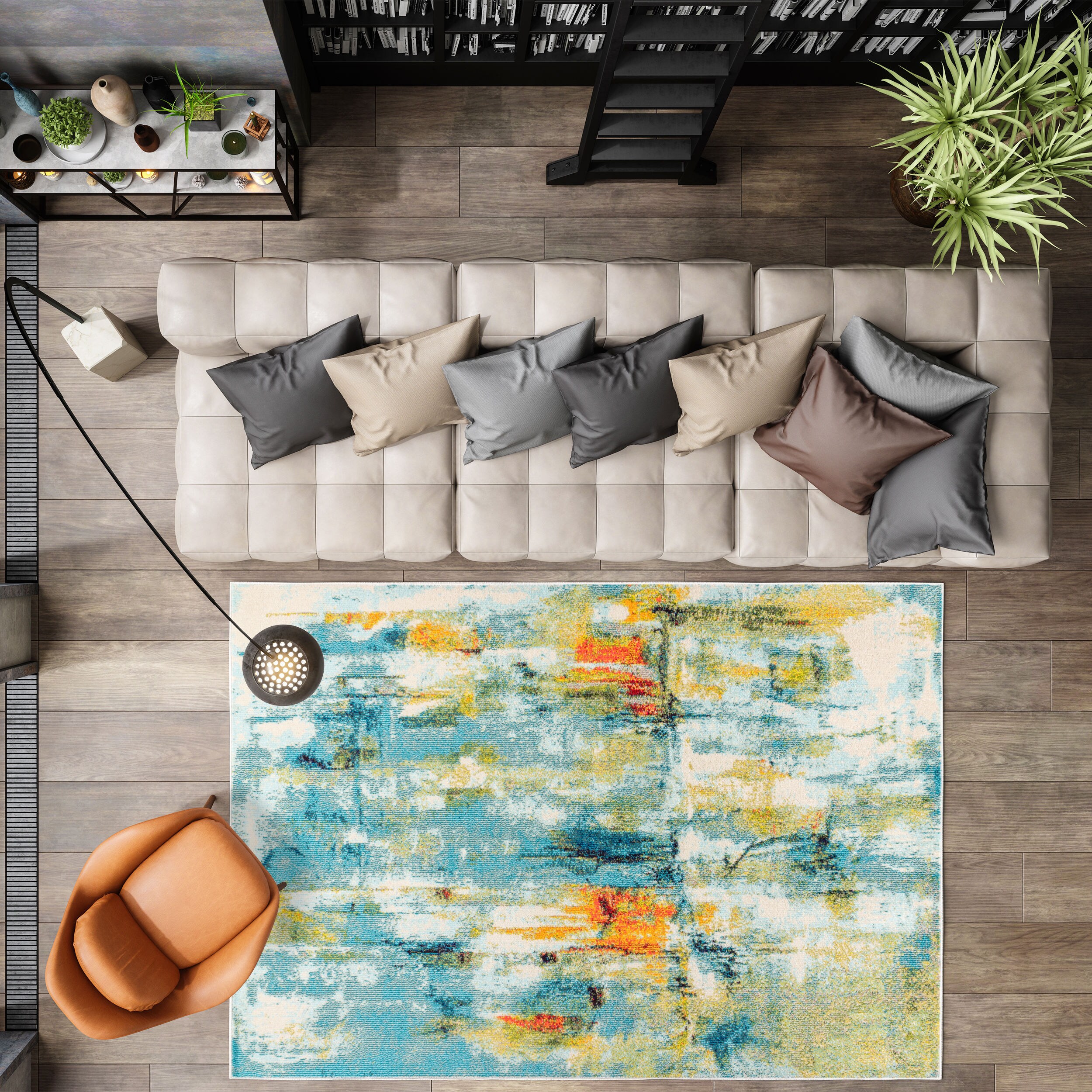 Contemporary Abstract Blue and Cream Synthetic Area Rug, 3 x 5 ft