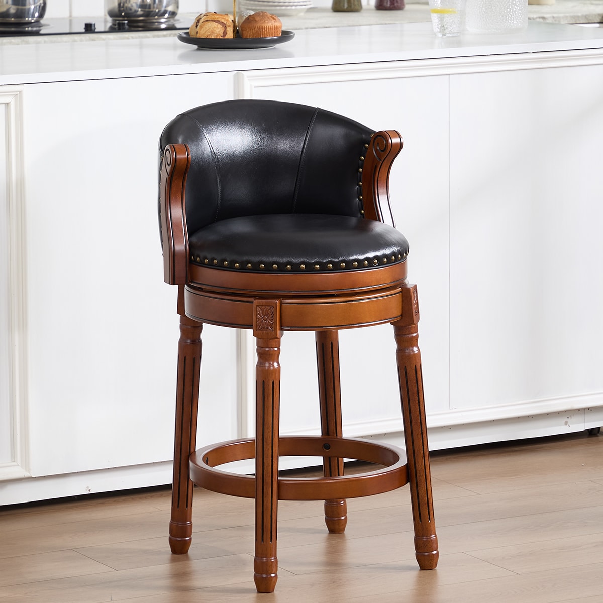 Blisstyle - Black 26-in H Counter height Upholstered Swivel Wood Bar Stool