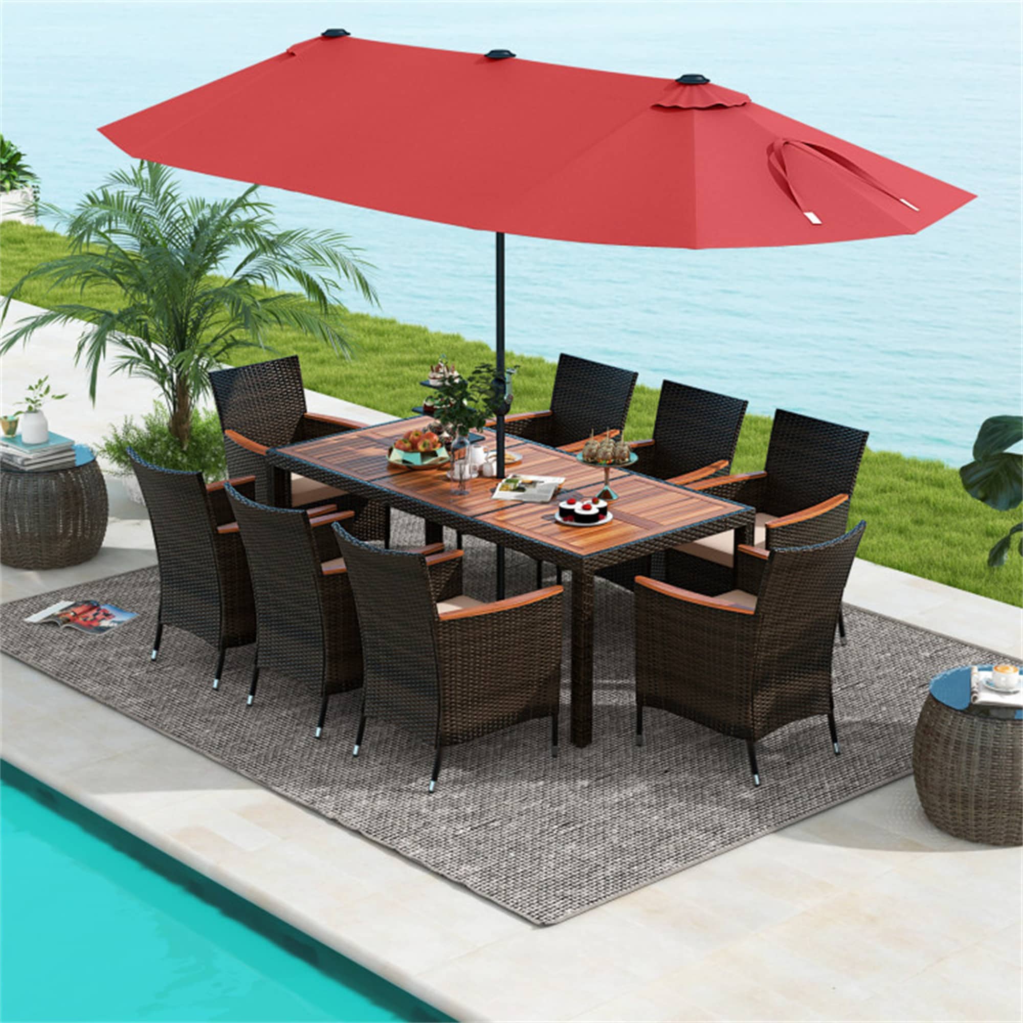 BABOOM BOM-3S00039-OR Patio Dining Sets 10 -Piece Brown Rattan Patio Dining Set Wood Rectangle Table with 8 Off-white Cushions Stackable Stationary Chairs and Umbrella Included