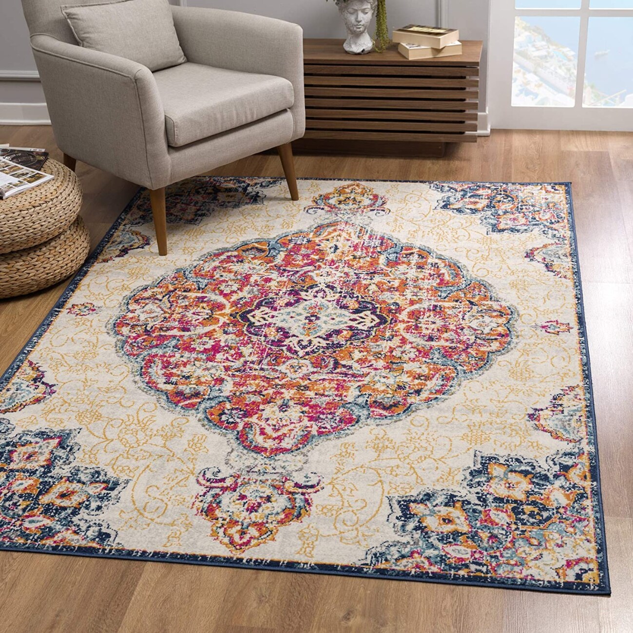 HomeRoots 4000392996 2 x 20 (ft) Polypropylene Cream Rectangular Indoor Medallion Runner rug