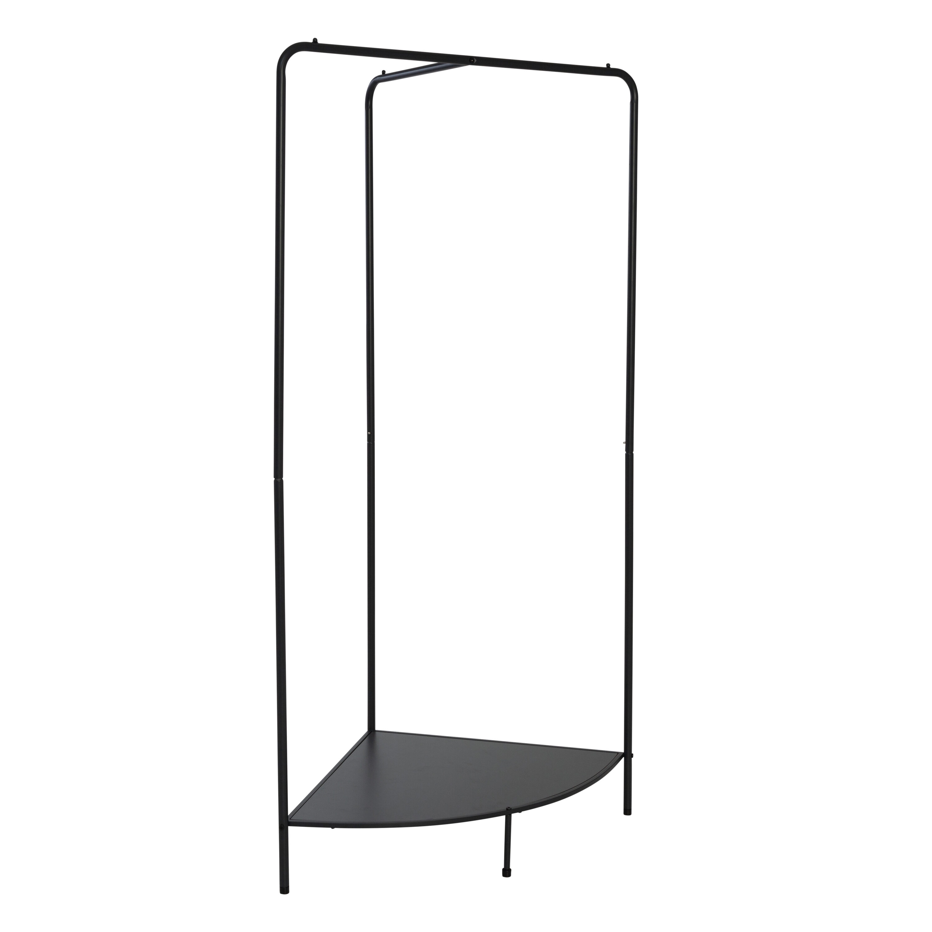 Black Steel Freestanding Corner Clothing Rack with Dark Gray Wood Shelf