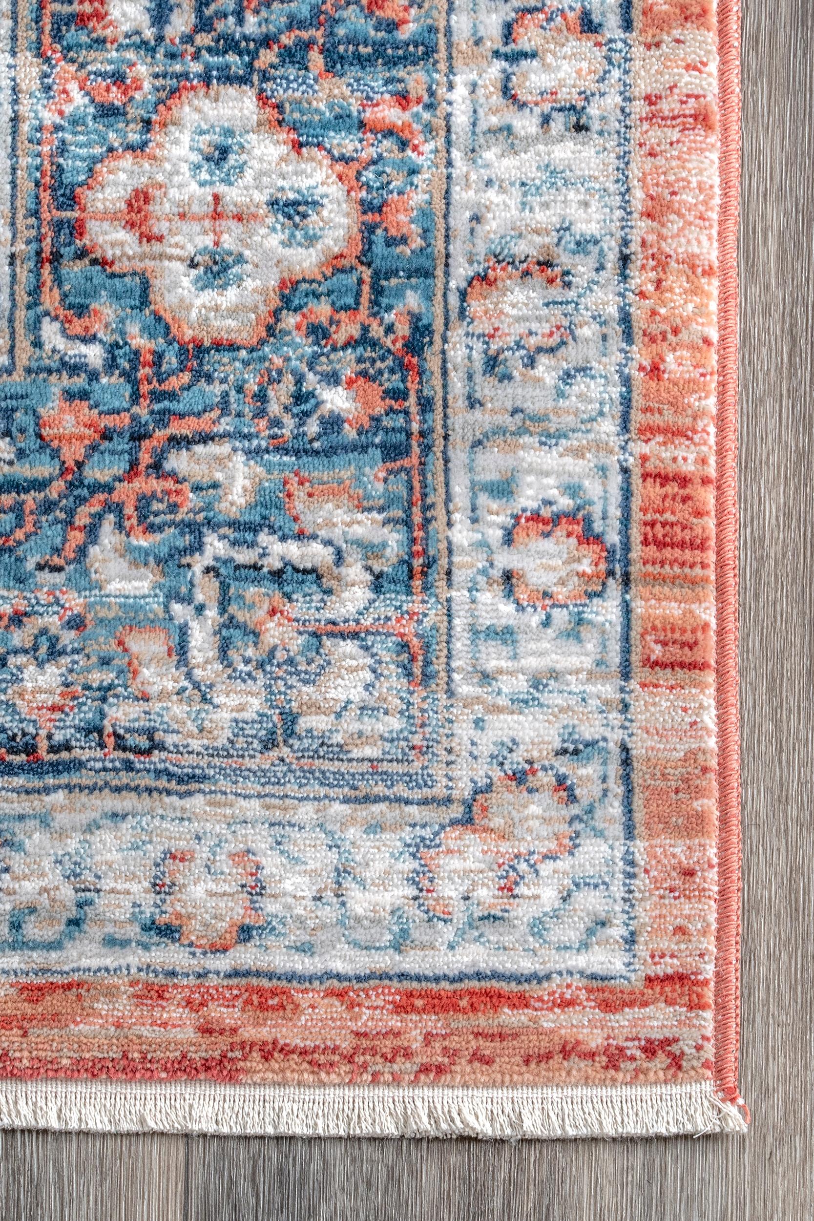 Zara Blue and Rust Synthetic Oval Medallion Area Rug 5' x 8'