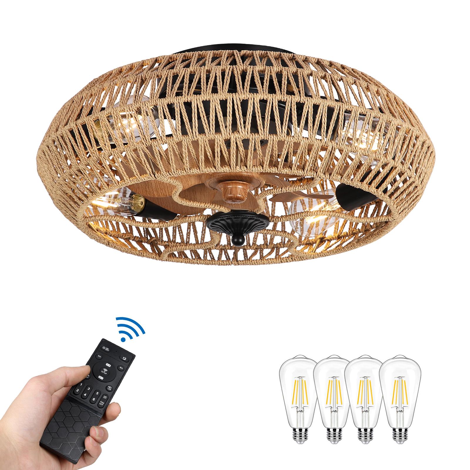 Bayfeve BFDJ-42331-CF 20-in Color-Changing Outdoor Flush Mount Black with Brown ABS Blades Cage Ceiling Fan With Light - Remote Included ( 7 -Blade )
