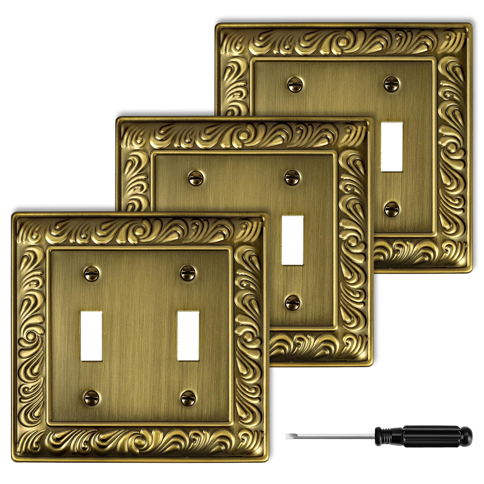 SenQWFa  Antique Brass Decorative Wall Plate Light Switch Cover for 2 Gang Double Toggle Metal Wall Plates for Kitchen Bathroom 3 Pack