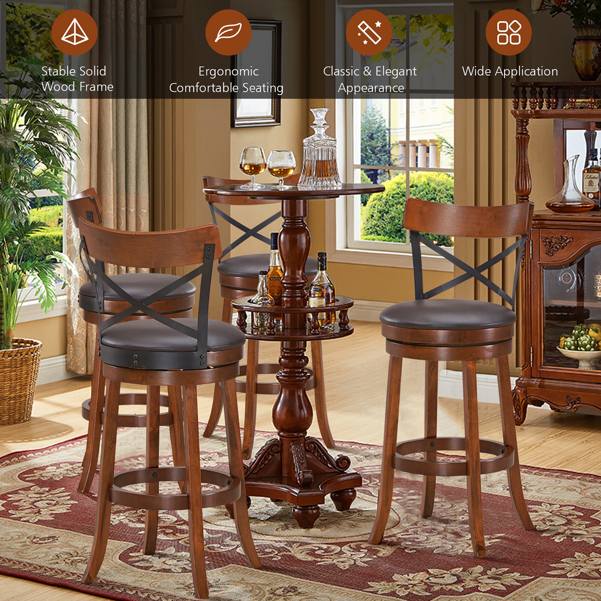 Set of 2 Walnut and Black Swivel Bar Stools with Rubberwood Legs