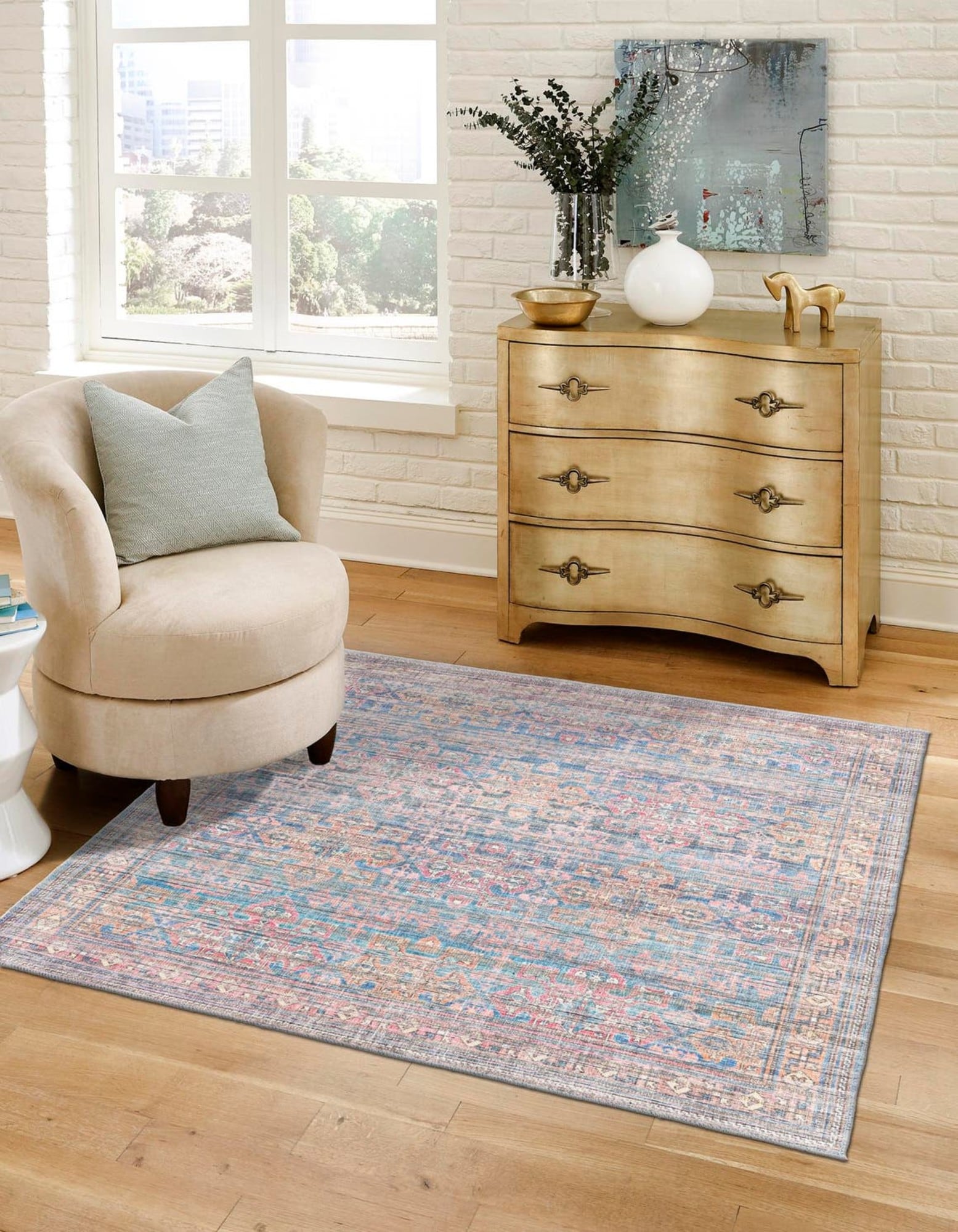 Blue Square Flat Woven Reversible Washable Area Rug