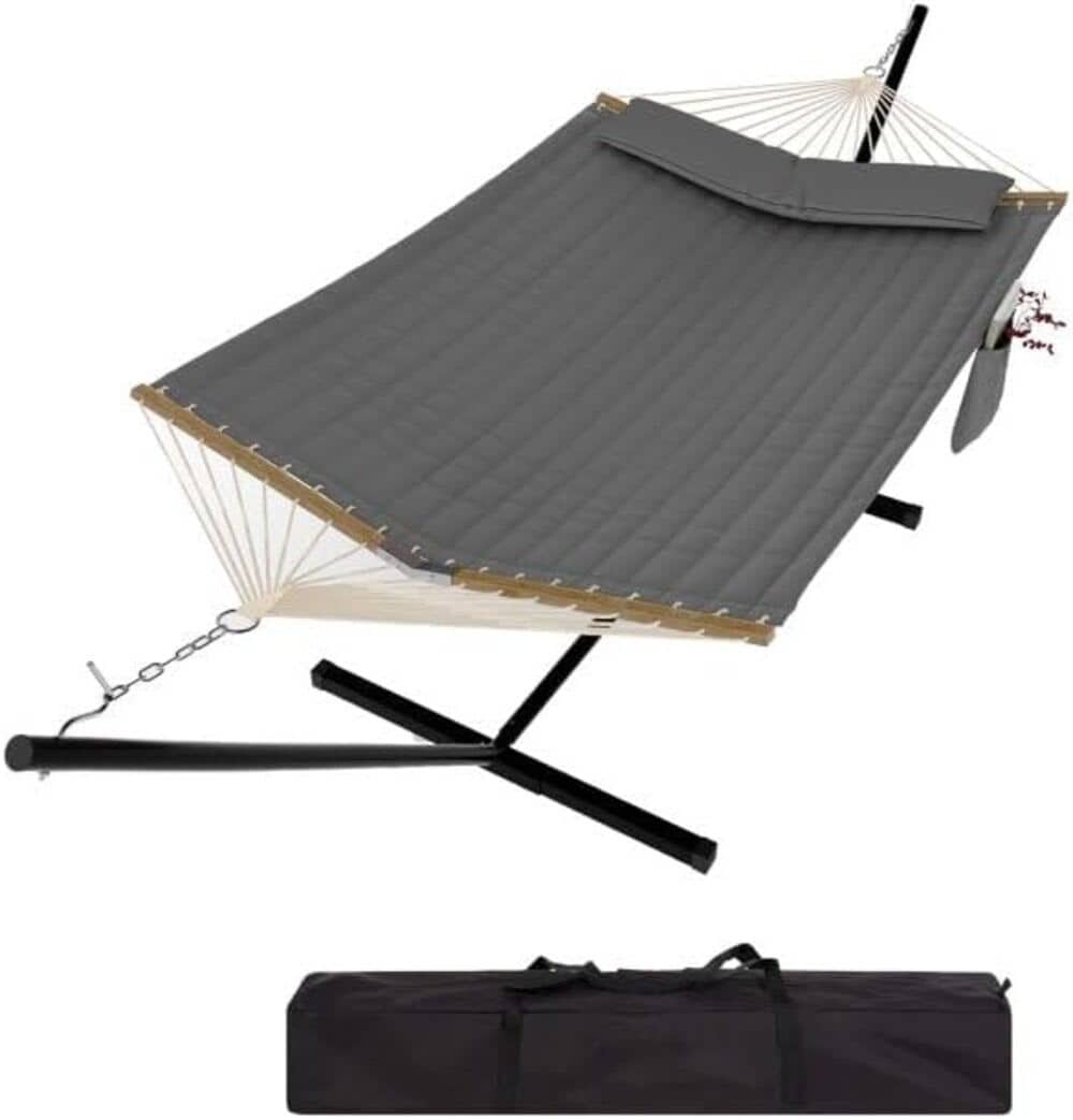 Qeetex LMY-PHO-356E7WT6 2 Person Hammock with Stand Heavys Duty 450LB Capacity Weather-Resistant Polyester Grey